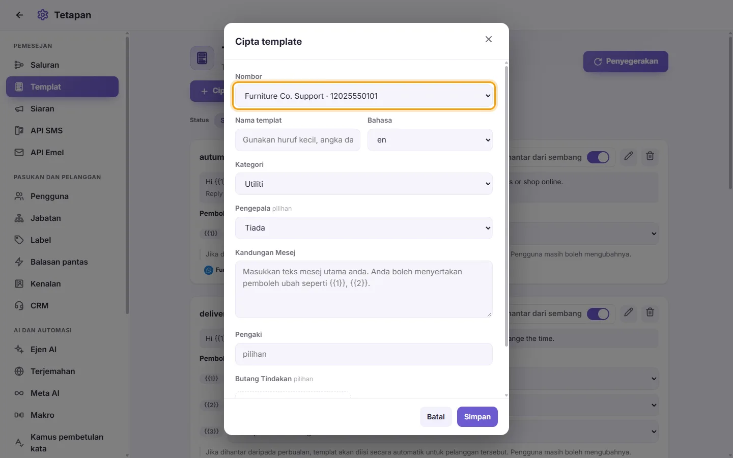 The new template form: the number it belongs to first, then its name, category, language and content