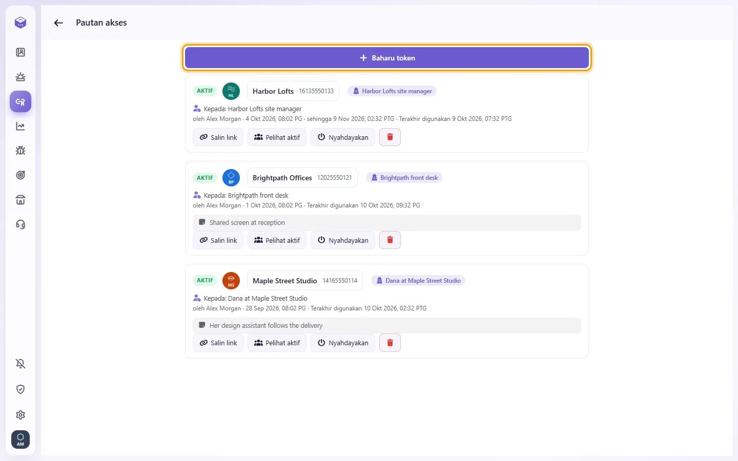 Access links: the links already shared and the "New token" button