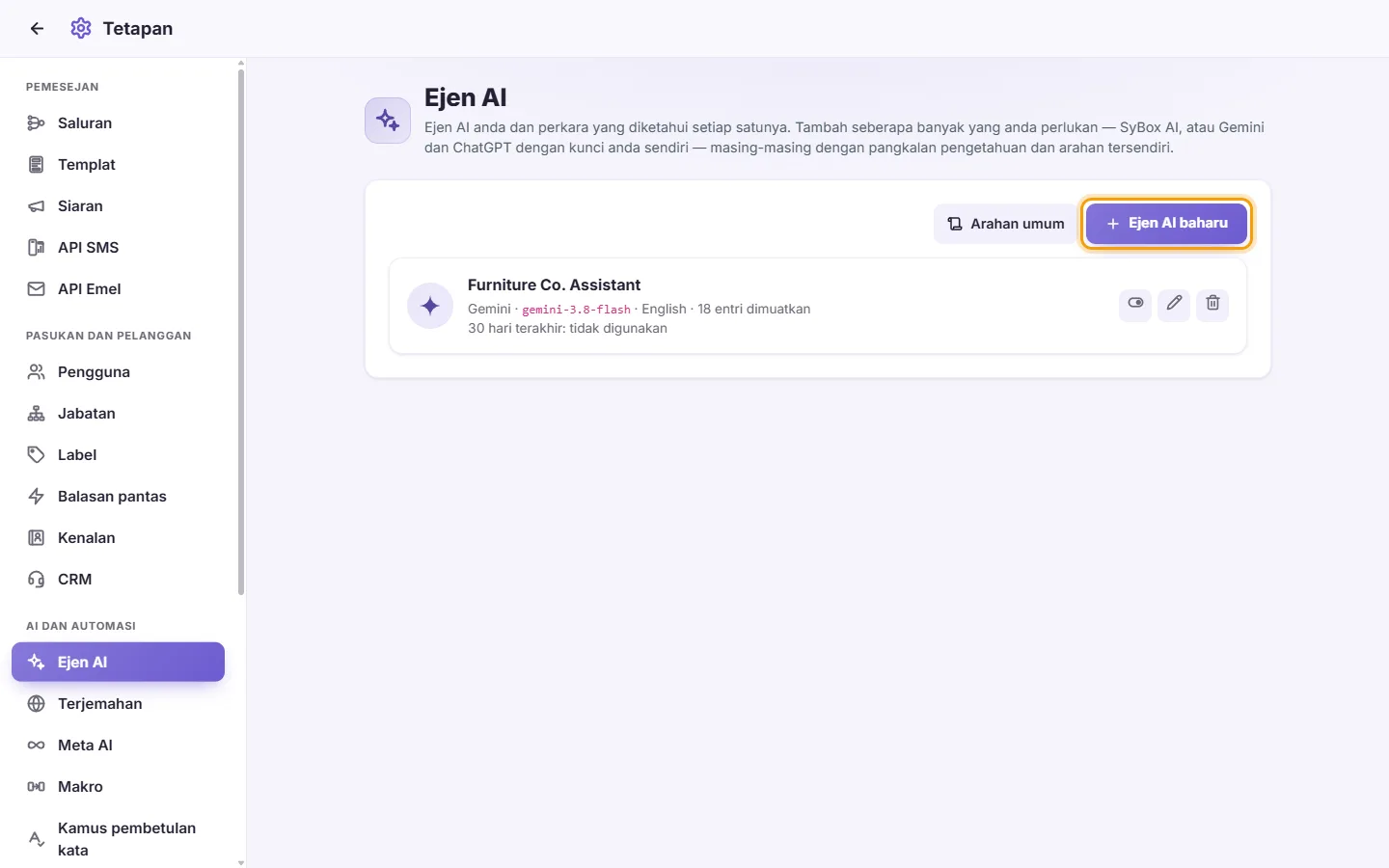 Settings, AI Agents: the agents already made and the "New AI agent" button
