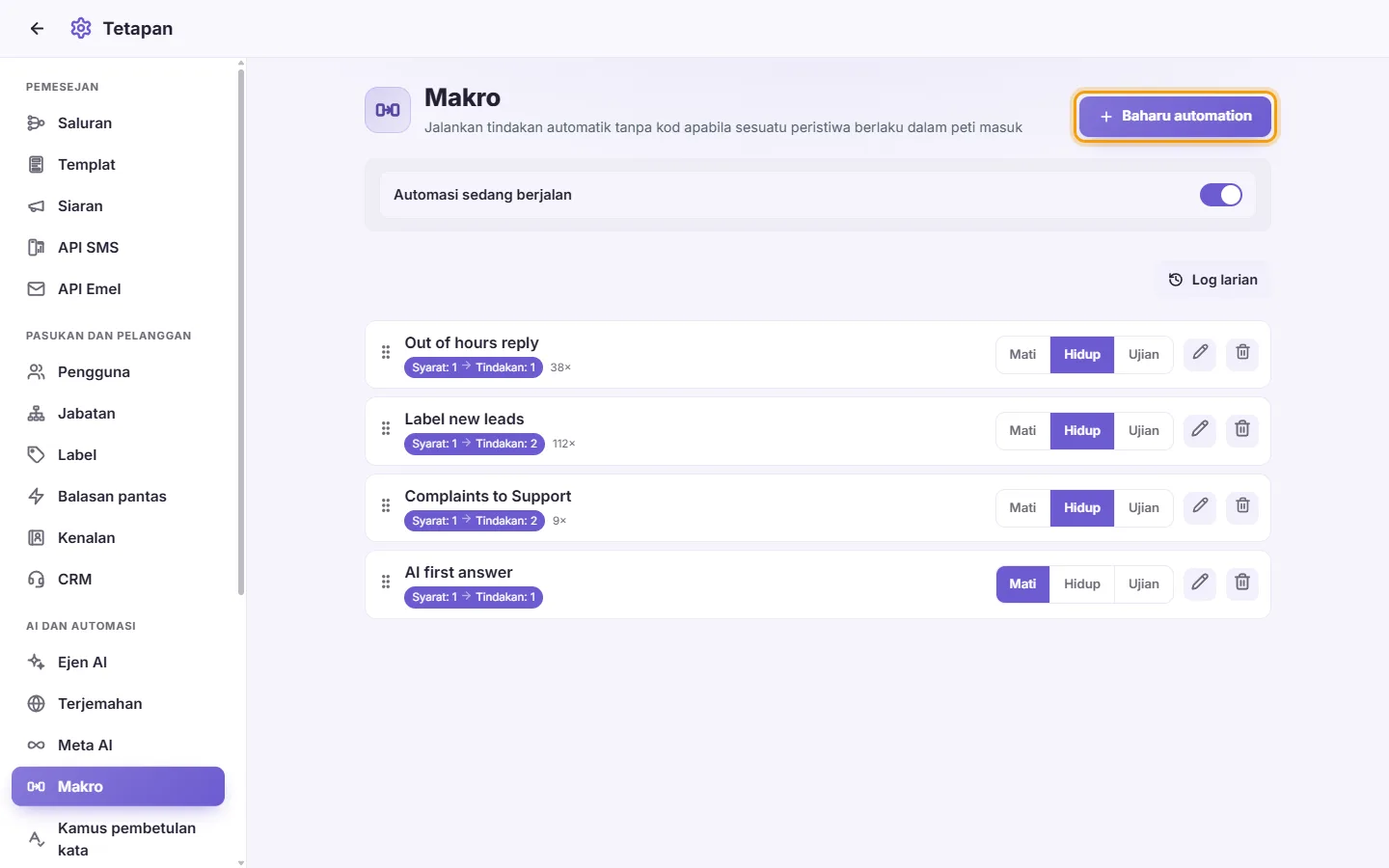 Settings, Automations: rules that run on their own, with their runs, and the "New automation" button