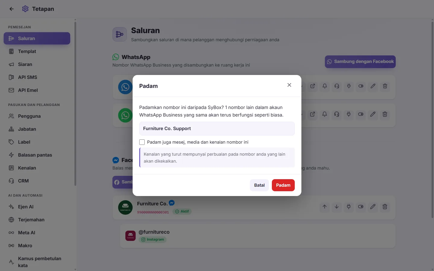 The question SyBox asks before it deletes a number, with the option to erase its messages too