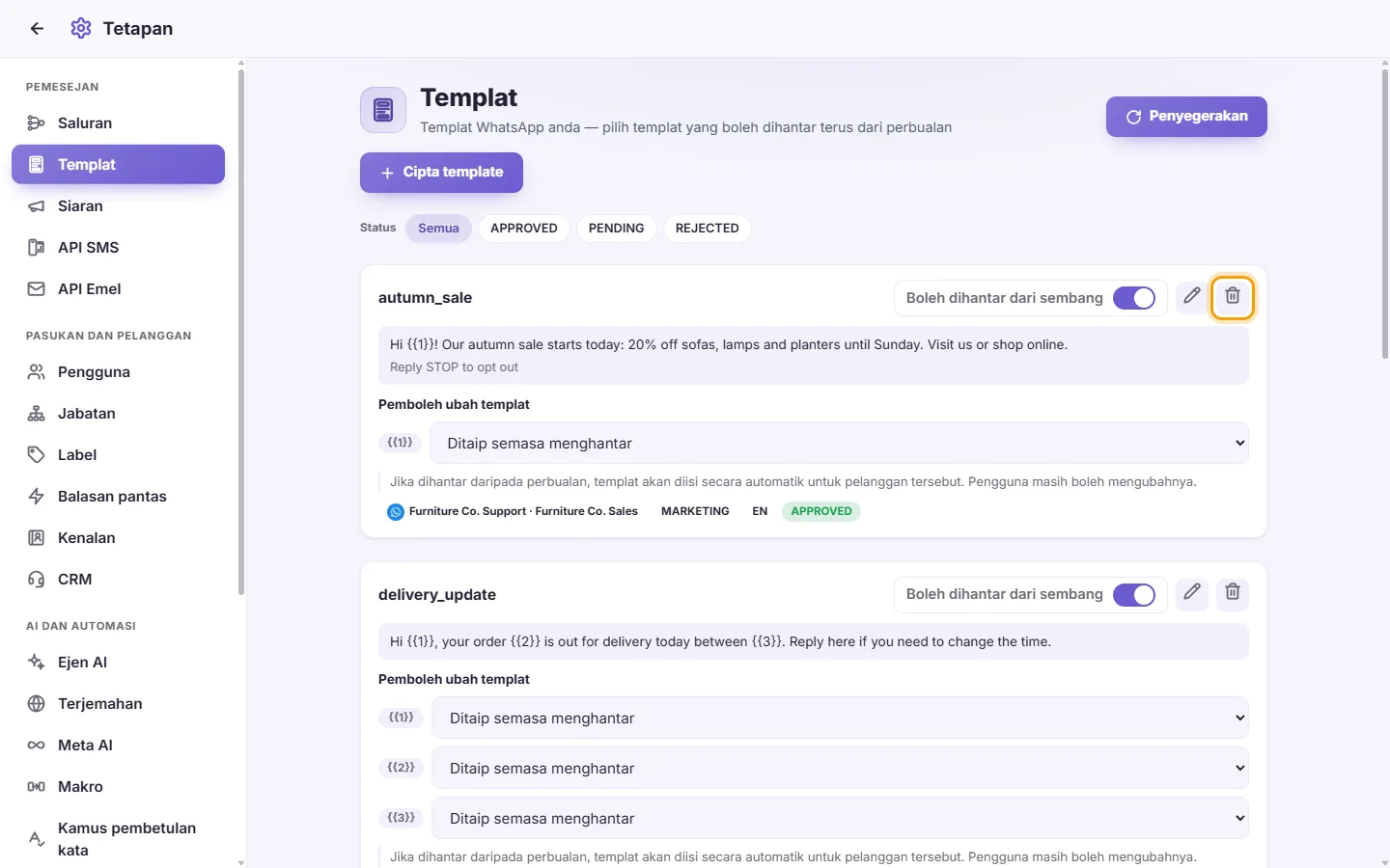 To delete a template: "Delete" marked on the screen in SyBox
