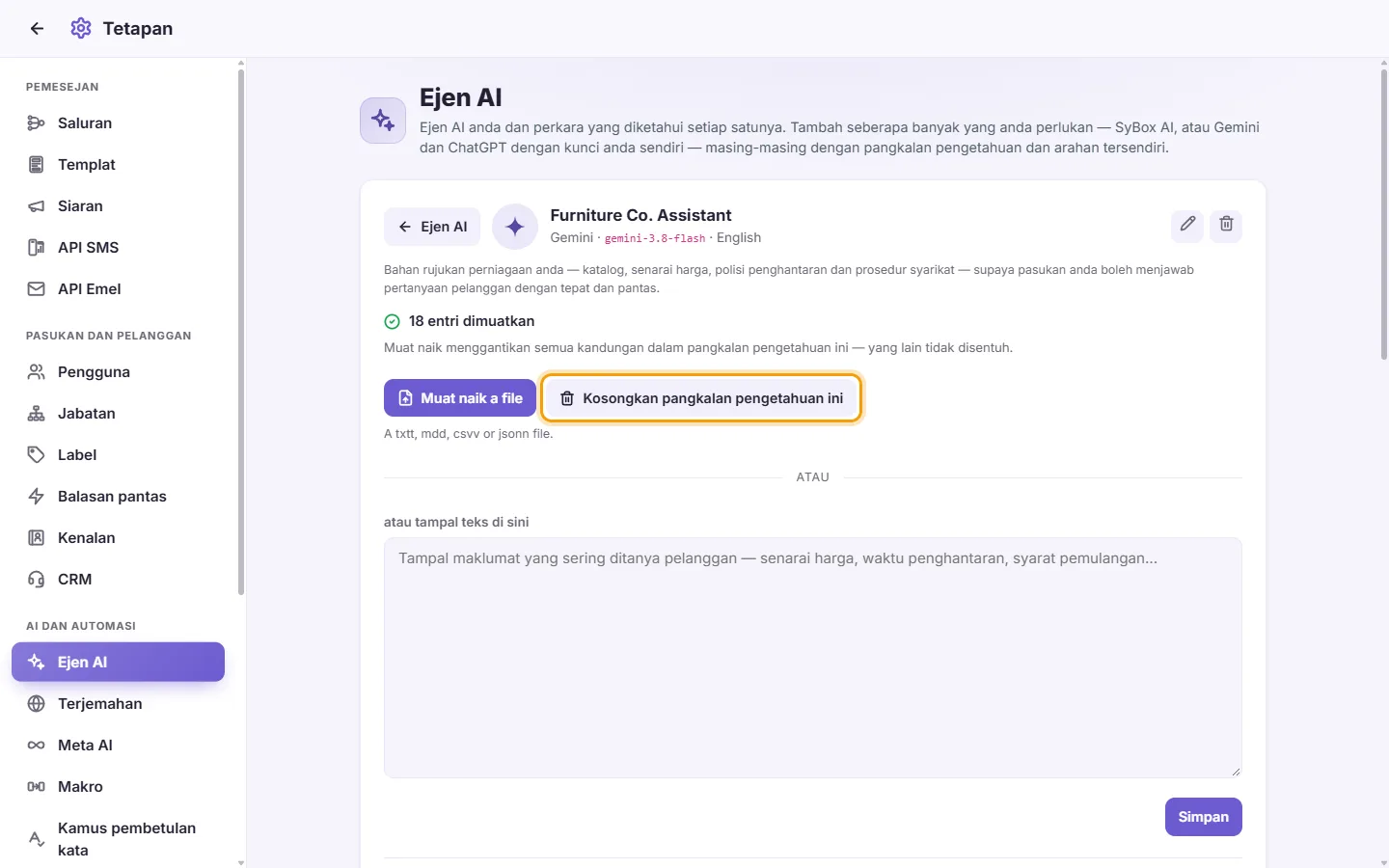 An agent's page: "Clear this knowledge base" (it works once something is loaded)