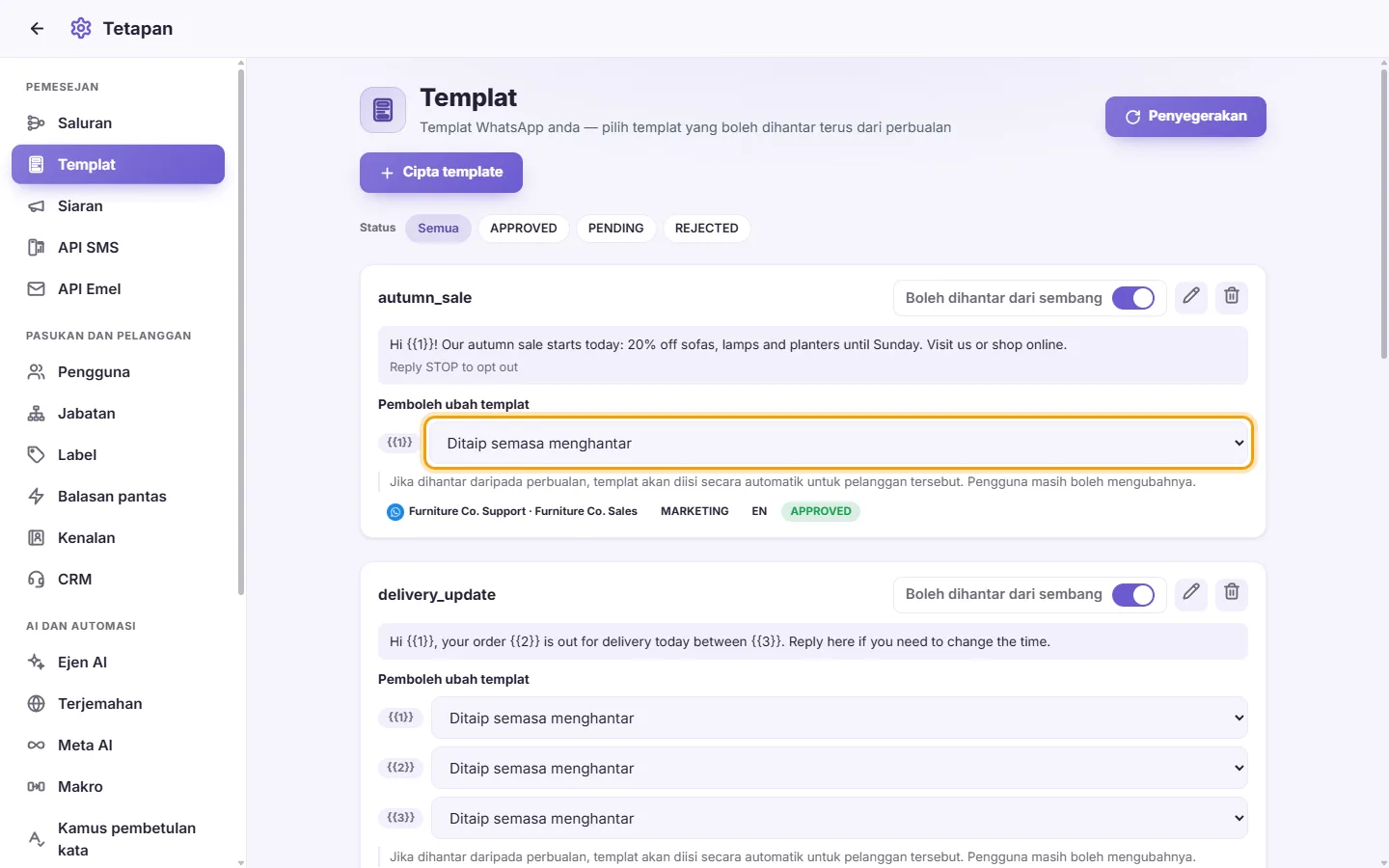 A template card: the source that fills {{1}} when the template is sent from a conversation