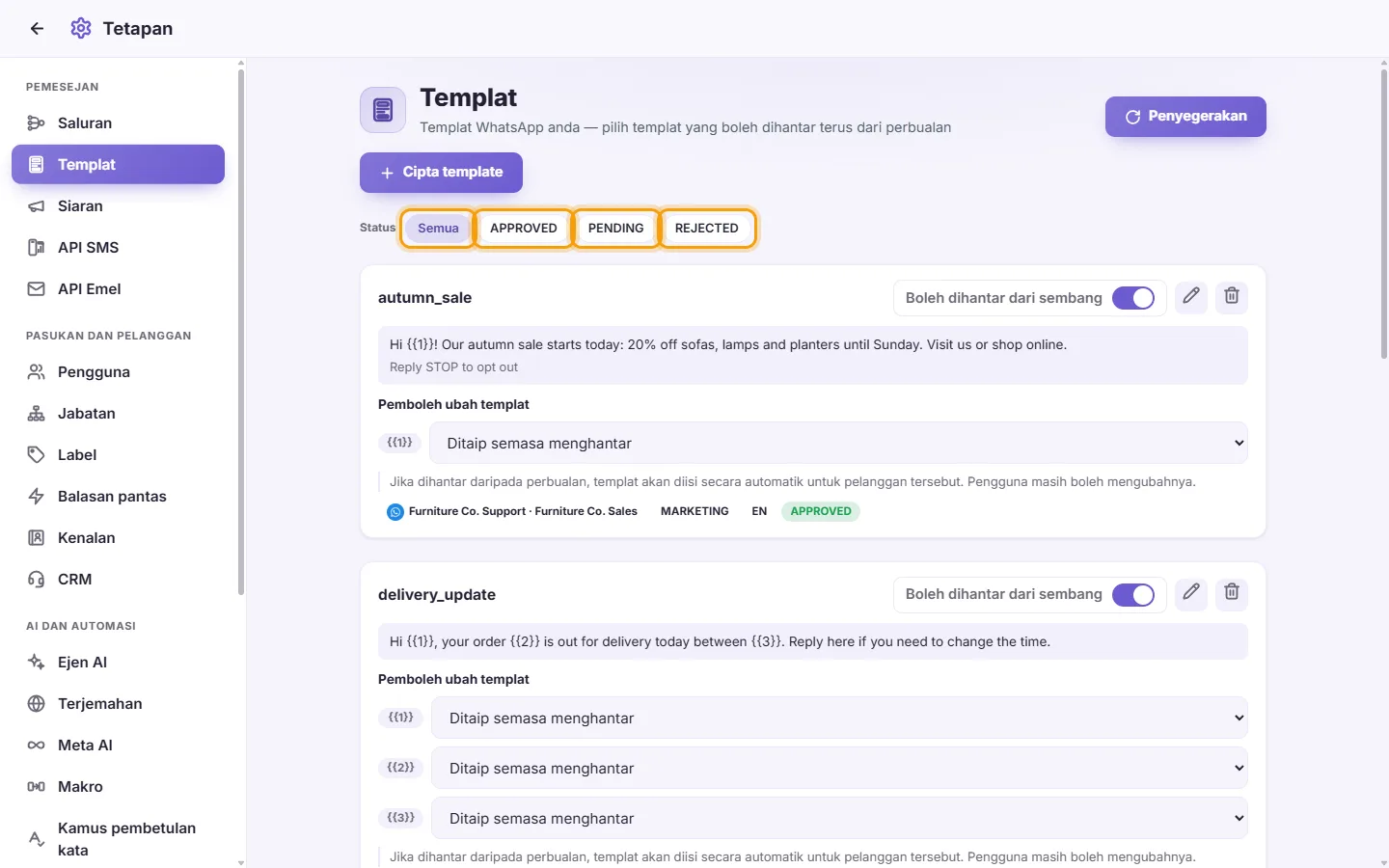 Settings, Templates: the filters All, APPROVED, PENDING and REJECTED above the cards