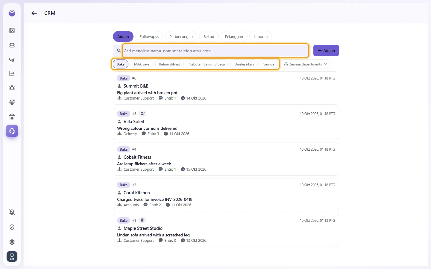 CRM: the search box (a case number or words) and the filters Open, Mine, Unseen, Unread mentions, Solved and All