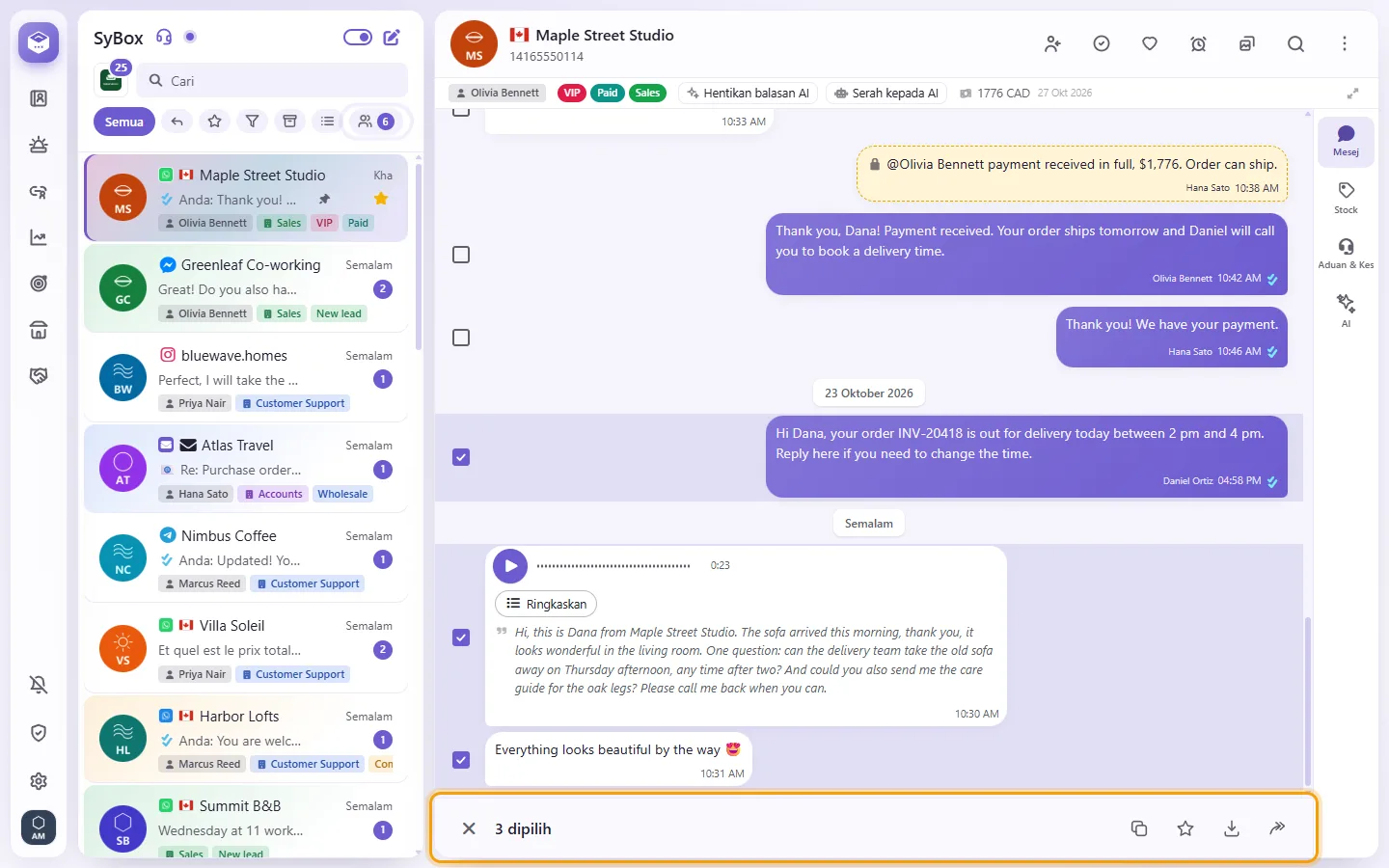 Three messages ticked in the chat, each box beside them filled; the bar below says "3 selected" with Copy, Star, Save and Forward