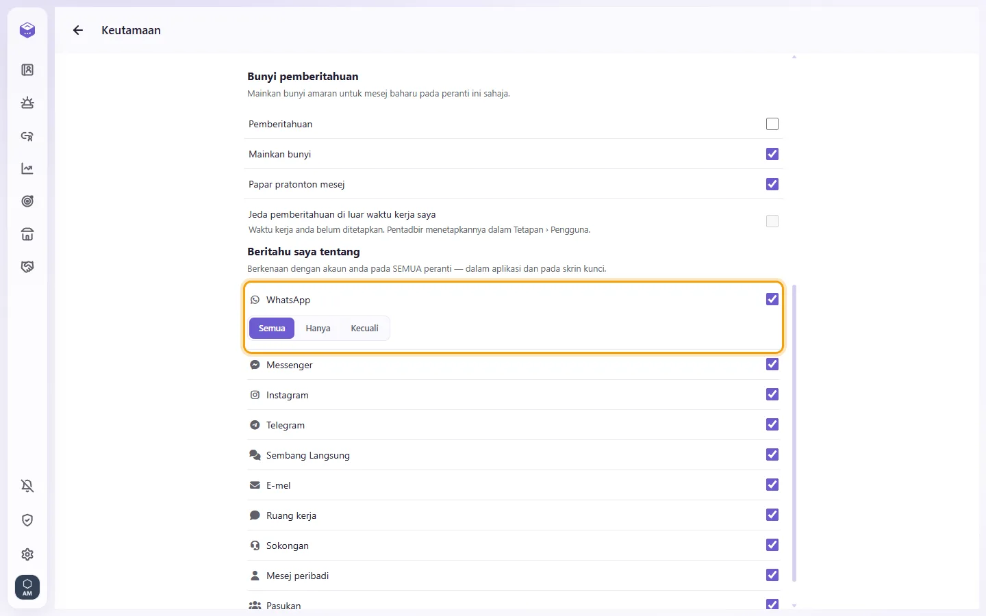 Preferences, Notify me about: a channel's All / Only / Except