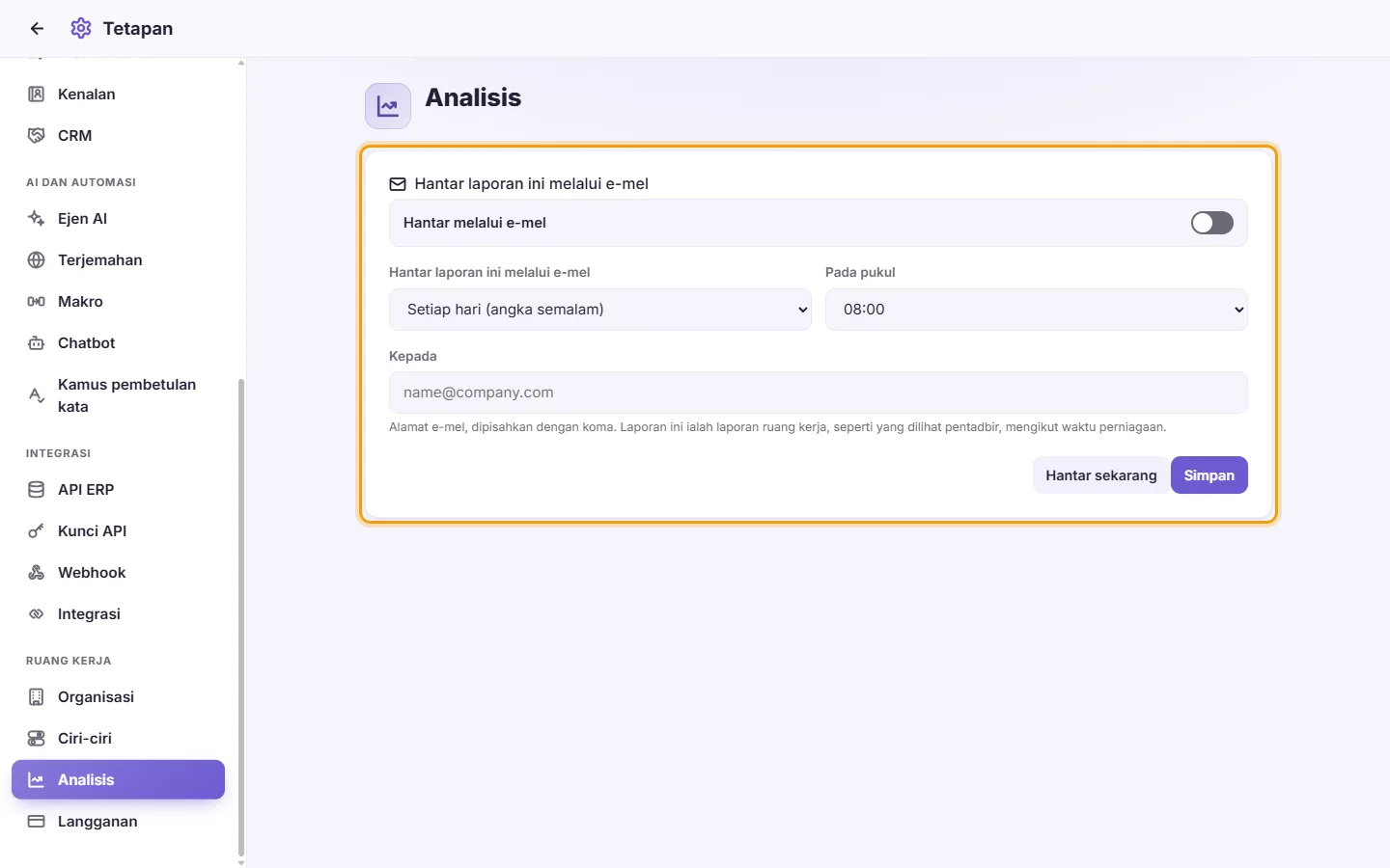 Settings, Analytics: "Email this report", daily or weekly, the hour, To, Save and Send now