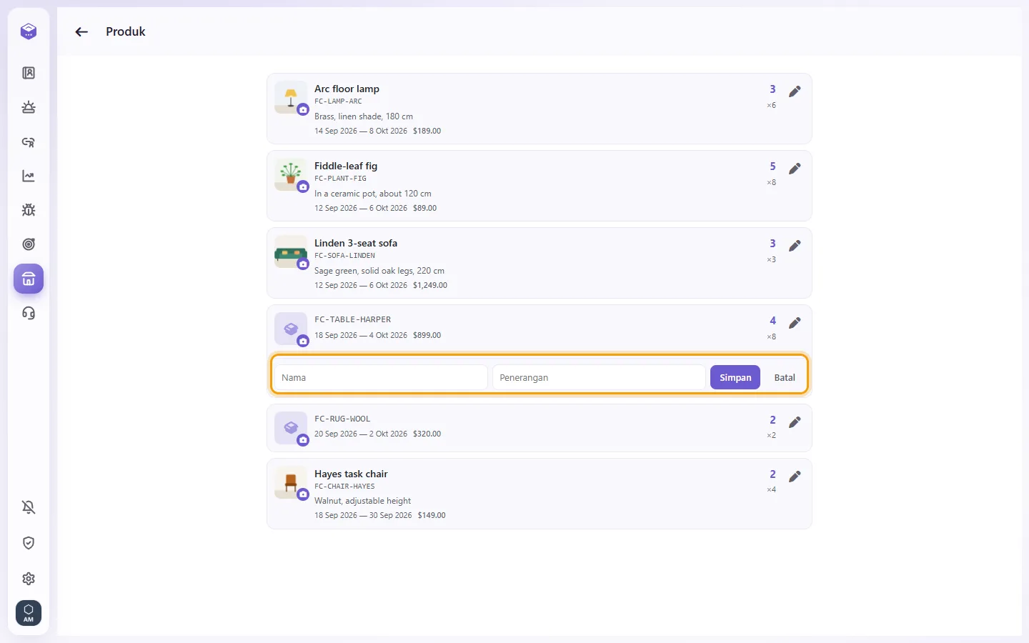 Products: the item's Edit form with its Name and Description boxes and the Save button