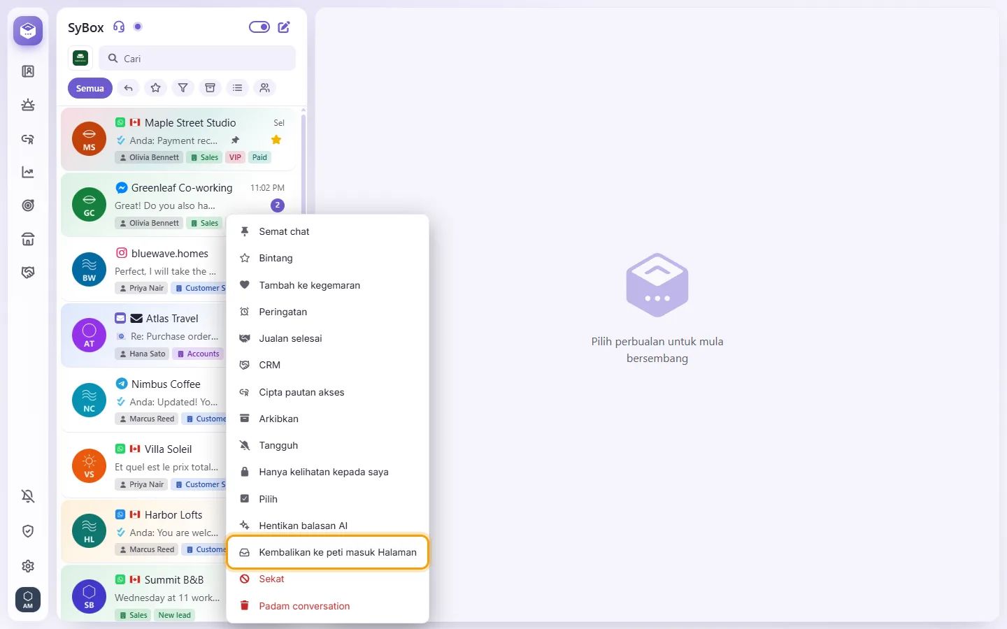 A Messenger conversation's menu: "Hand back to the Page inbox"