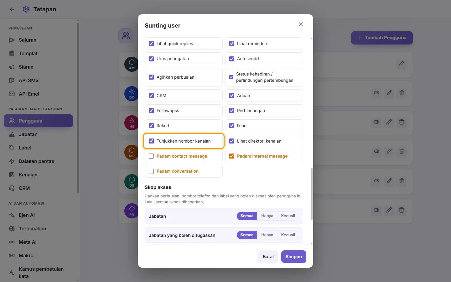 The Edit user window: the "Show contact number" permission, untick it to hide customers' numbers