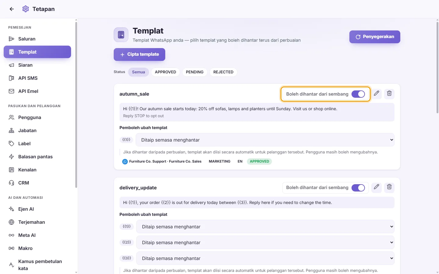 To let the team send a template from conversations: "Sendable from chat" marked on the screen in SyBox
