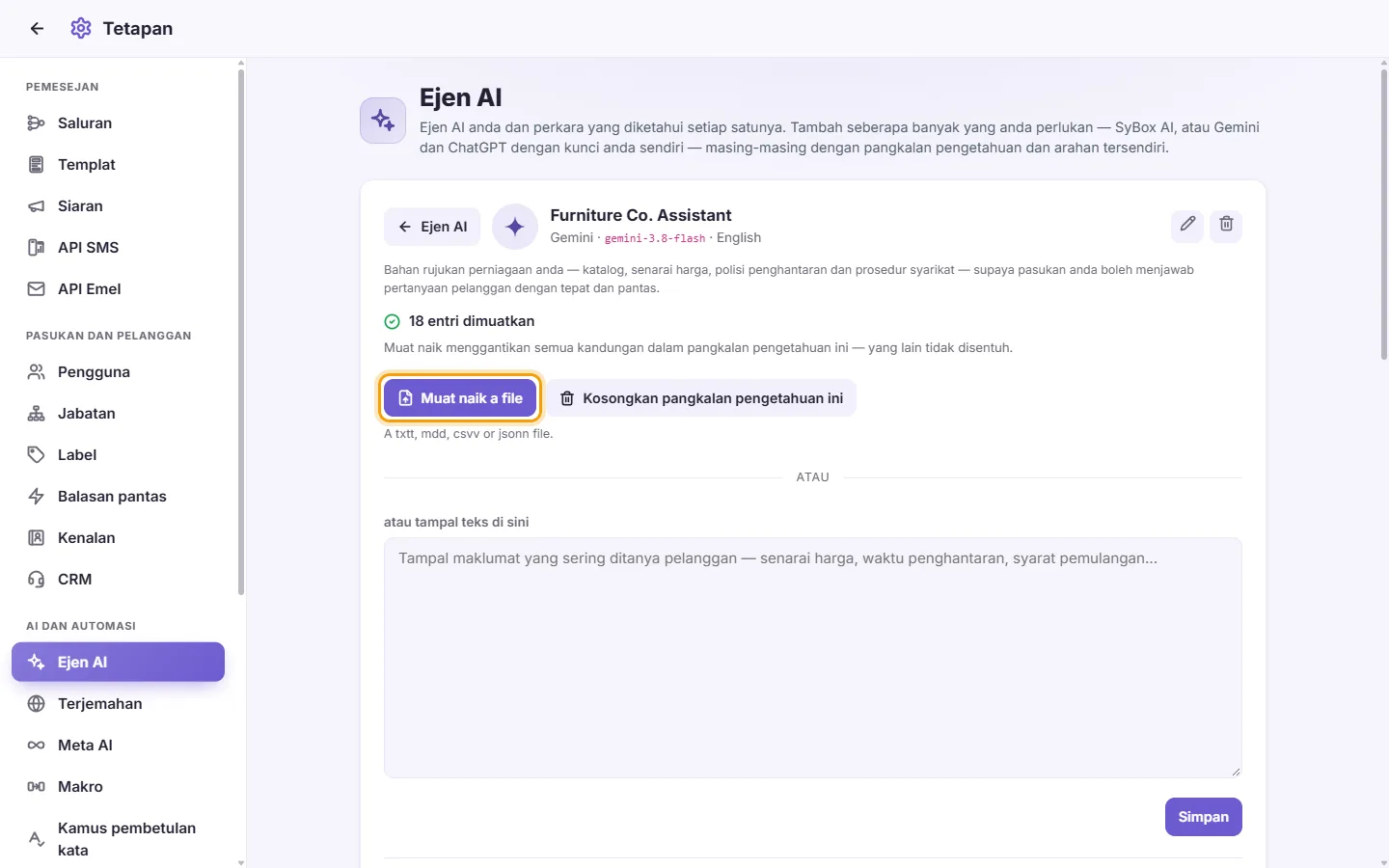 An agent's page: the "Upload a file" button for its knowledge base