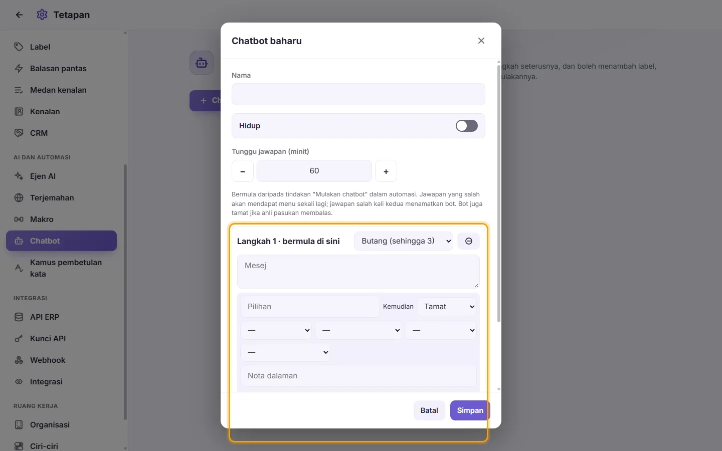 A chatbot step: its kind, its message and its choices