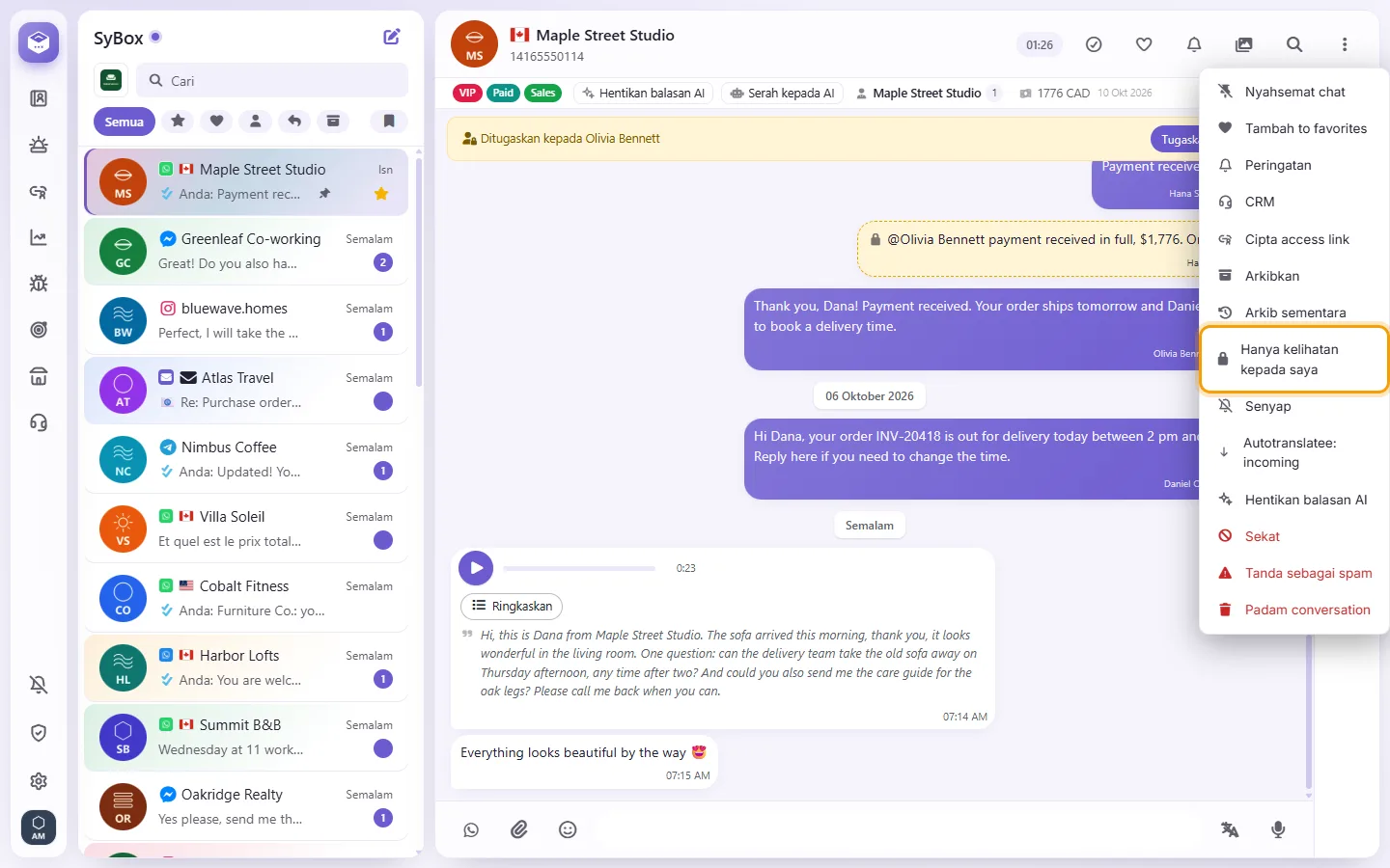 To make a conversation visible to you only: "Visible to me only" marked on the screen in SyBox