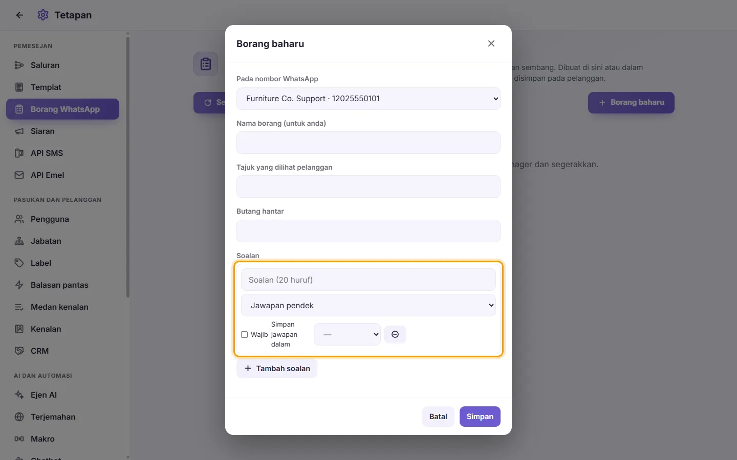 A WhatsApp form's questions: the question, its kind, Required and "Save the answer in"