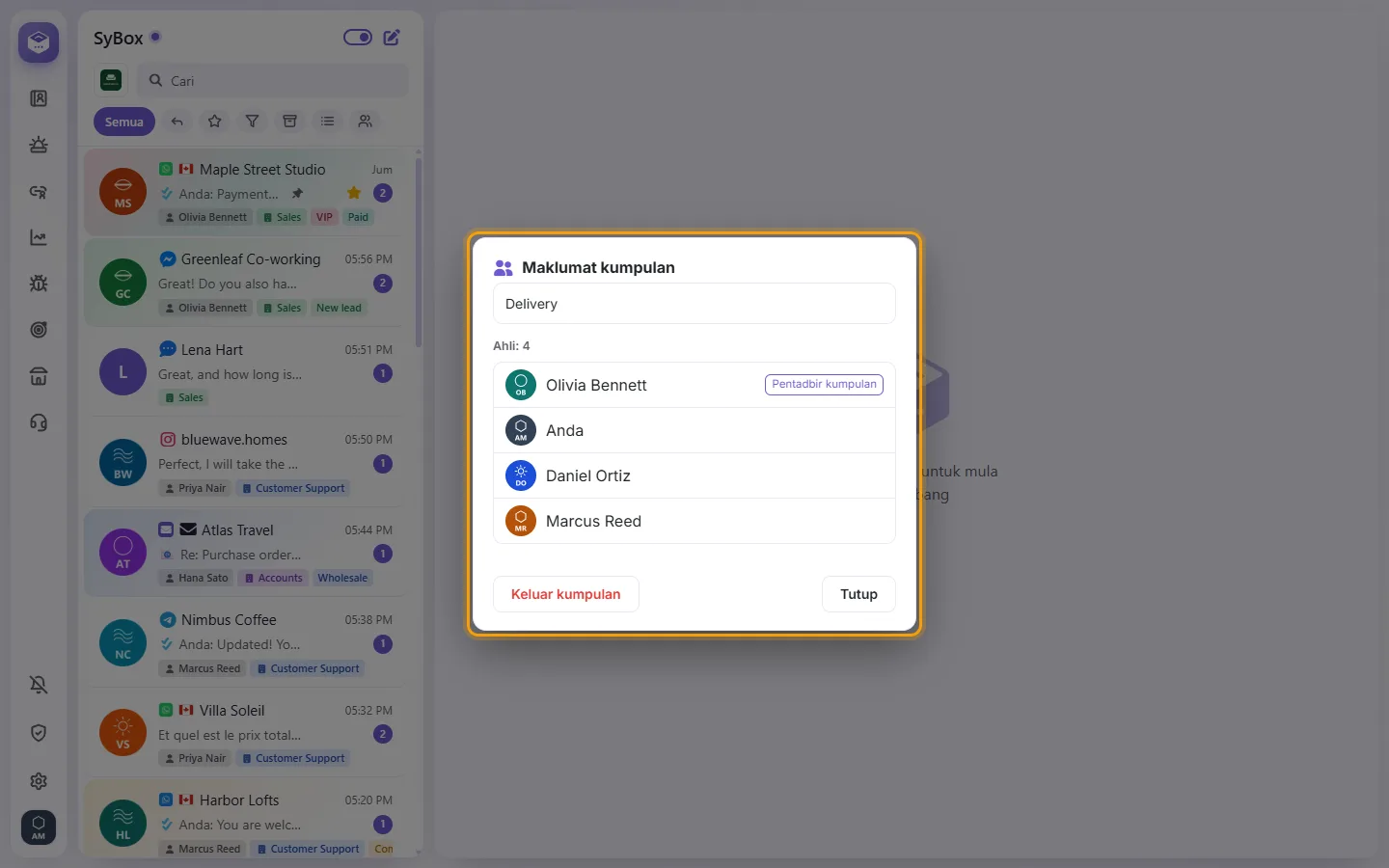 Group info: its members, the group admin marked, and Add members / Leave group