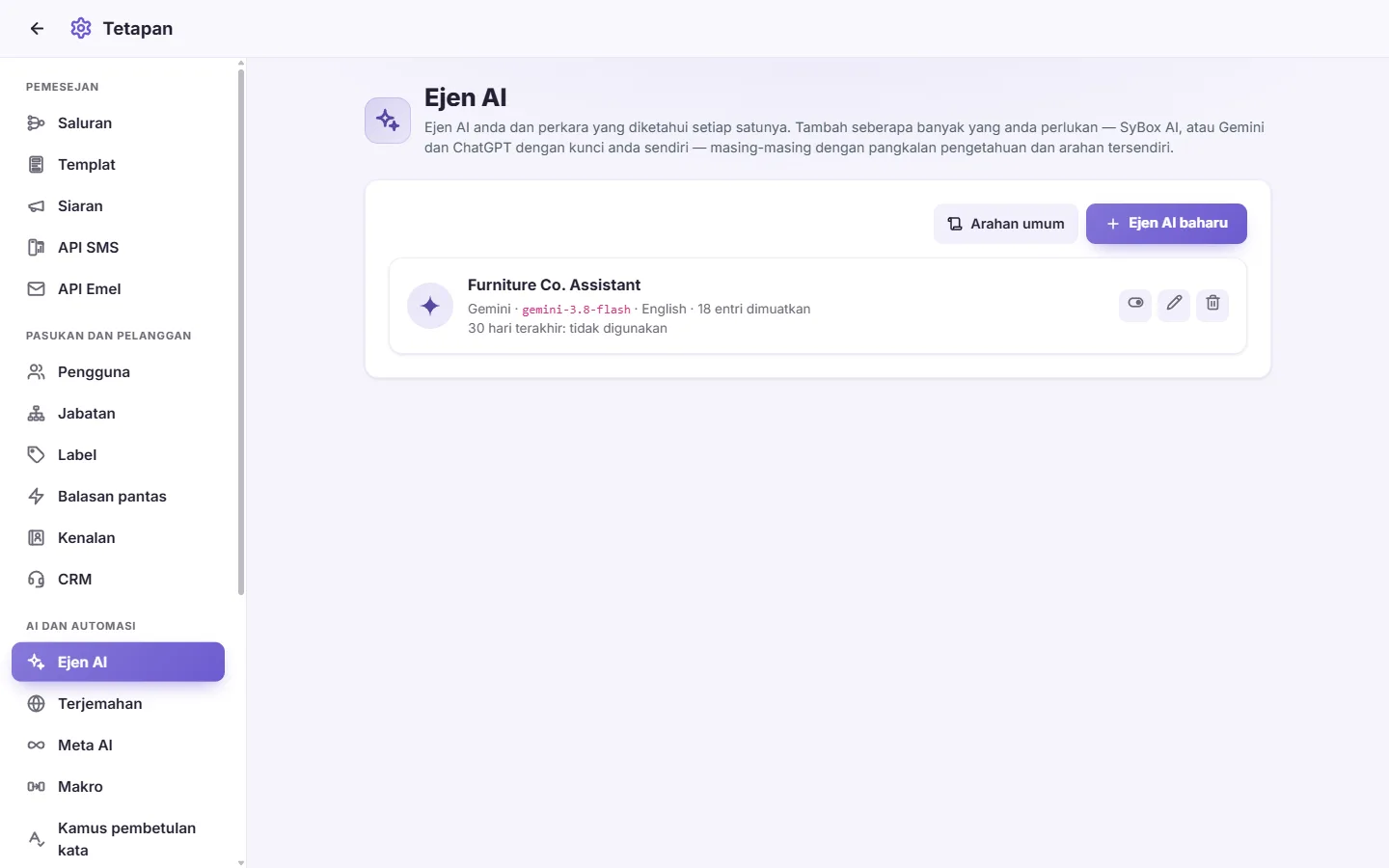 Settings, AI Agents: the pen on an agent's card opens its page