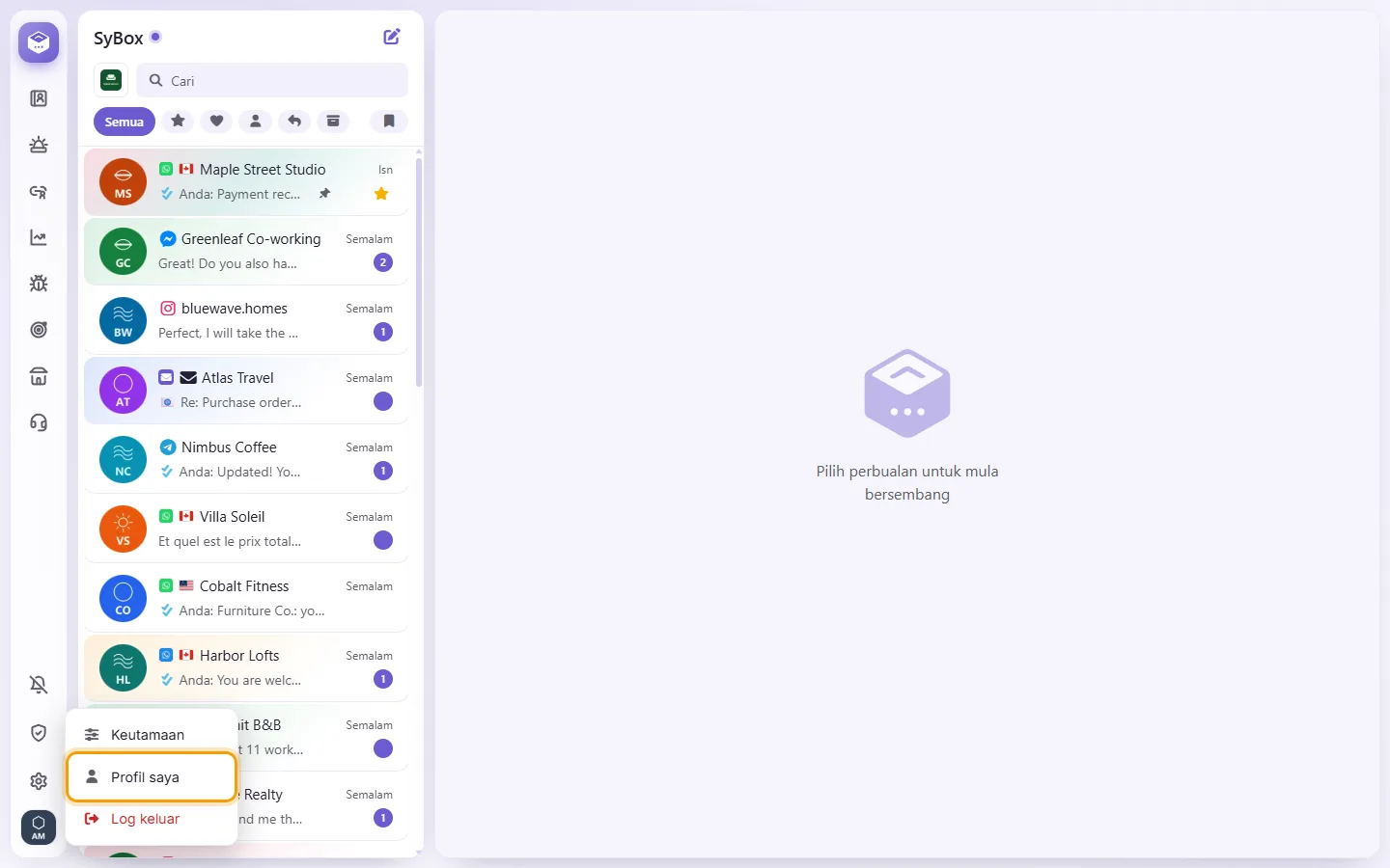 The menu under your picture at the bottom of the left bar, with "My profile"