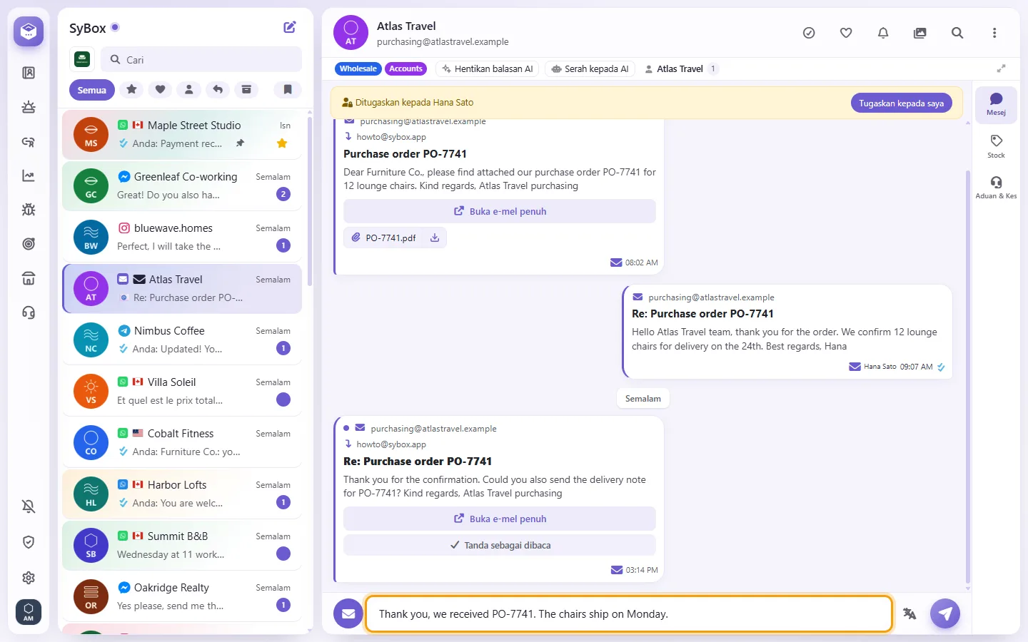 An email conversation: the reply typed in the box at the bottom, sent as an email