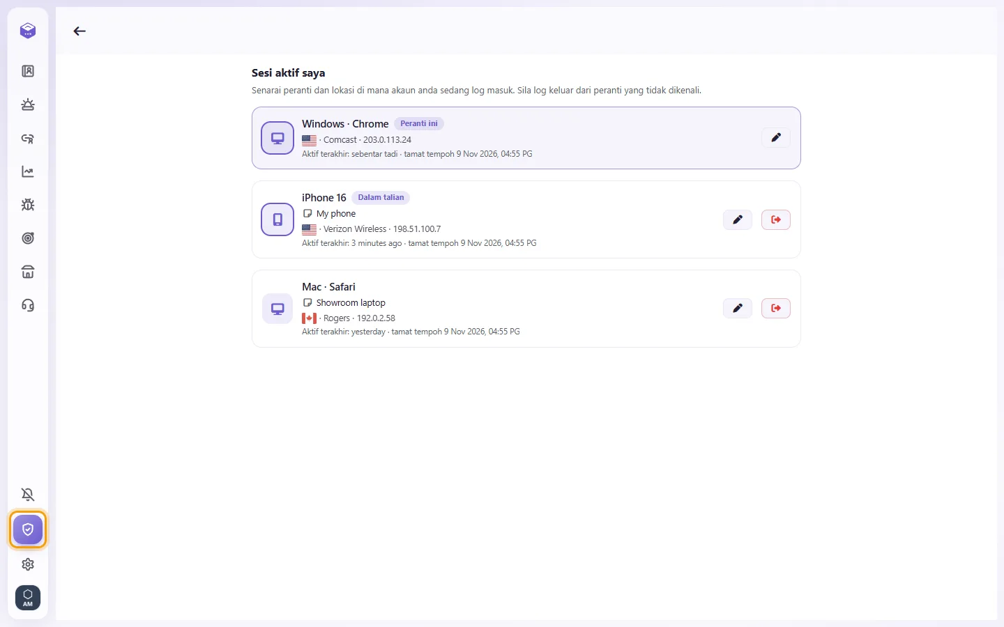 My sessions: every device you are signed in on, with where it is and when it was last active