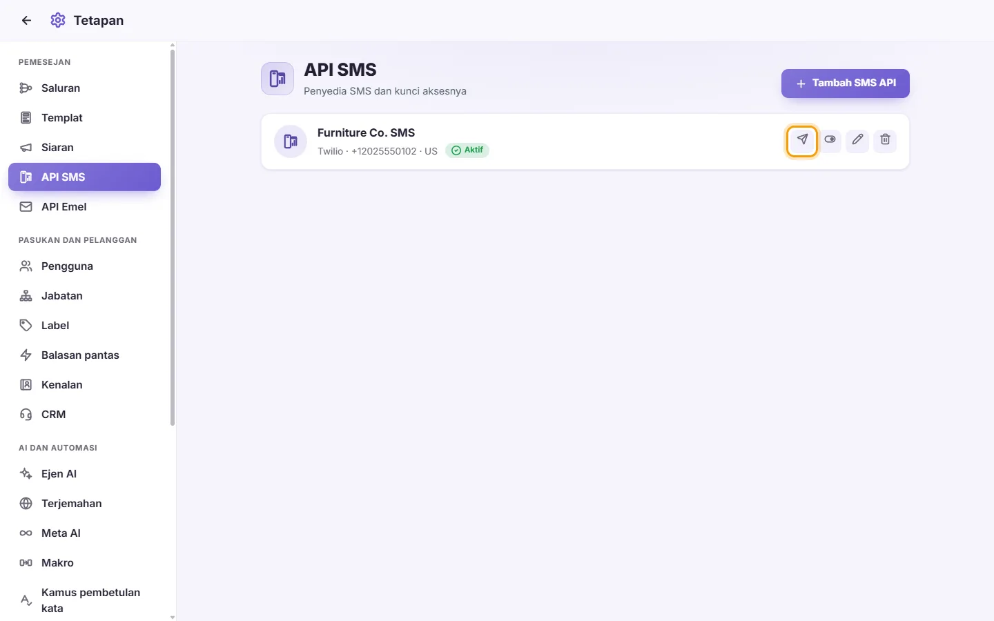 To send a test SMS: "Send test SMS" marked on the screen in SyBox