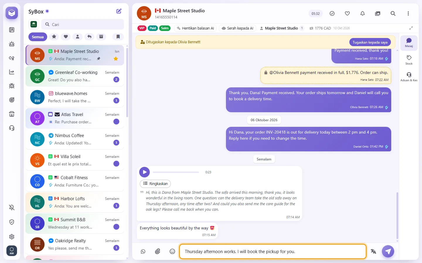 An open conversation, with a reply typed in the message box at the bottom