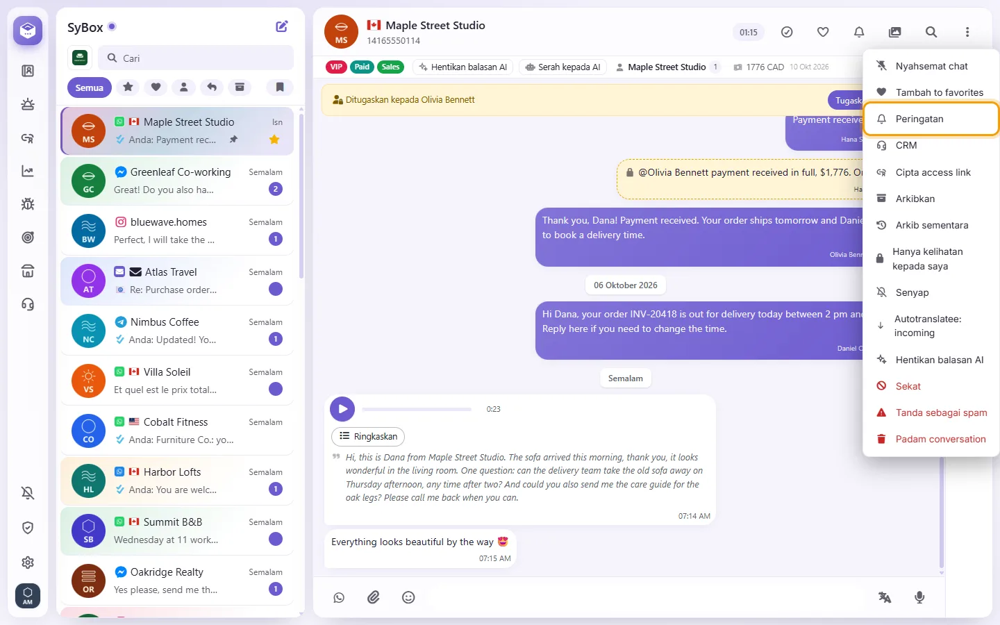 A conversation's menu: "Reminder"