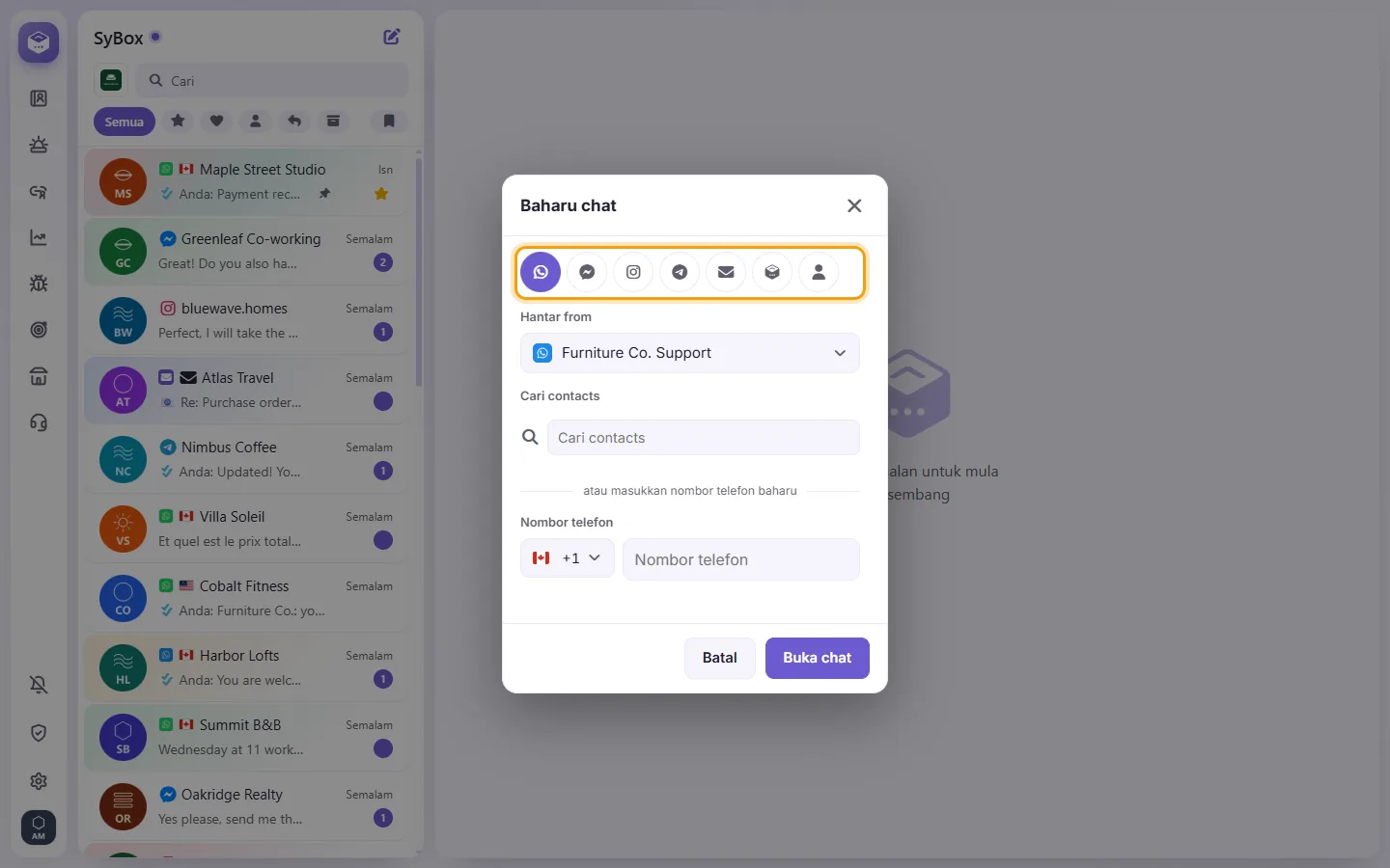 The New chat window: a tab for each channel, then the number it is sent from and the contact