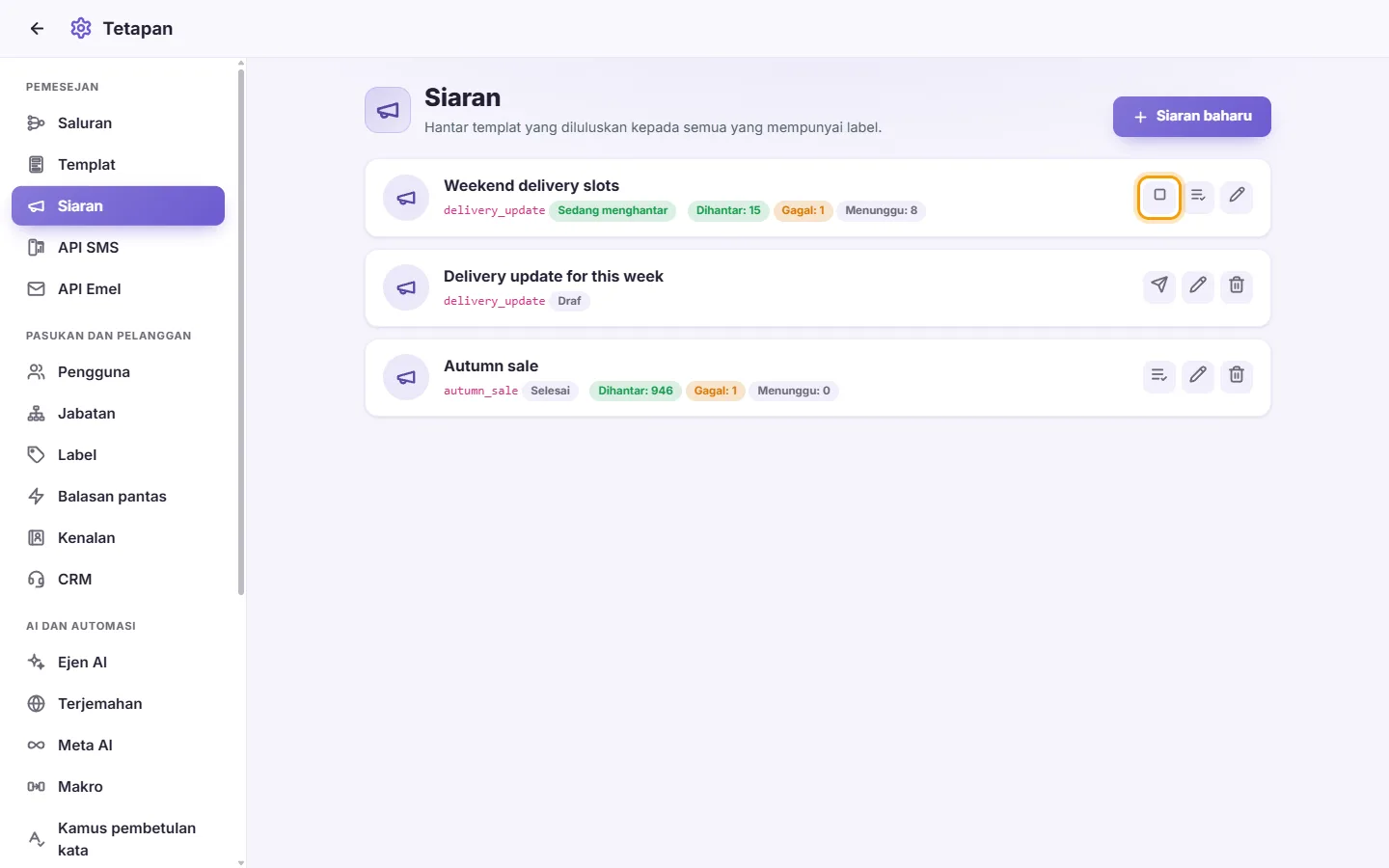 Settings, Broadcasts: a broadcast that is sending, with its Stop button