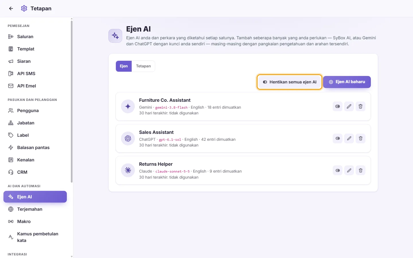 Settings, AI Agents: "Stop all AI agents" beside "New AI agent"