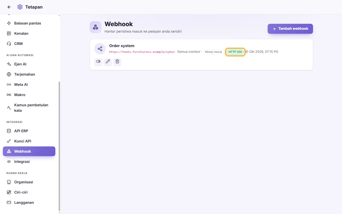 To test a webhook: "HTTP 200" marked on the screen in SyBox