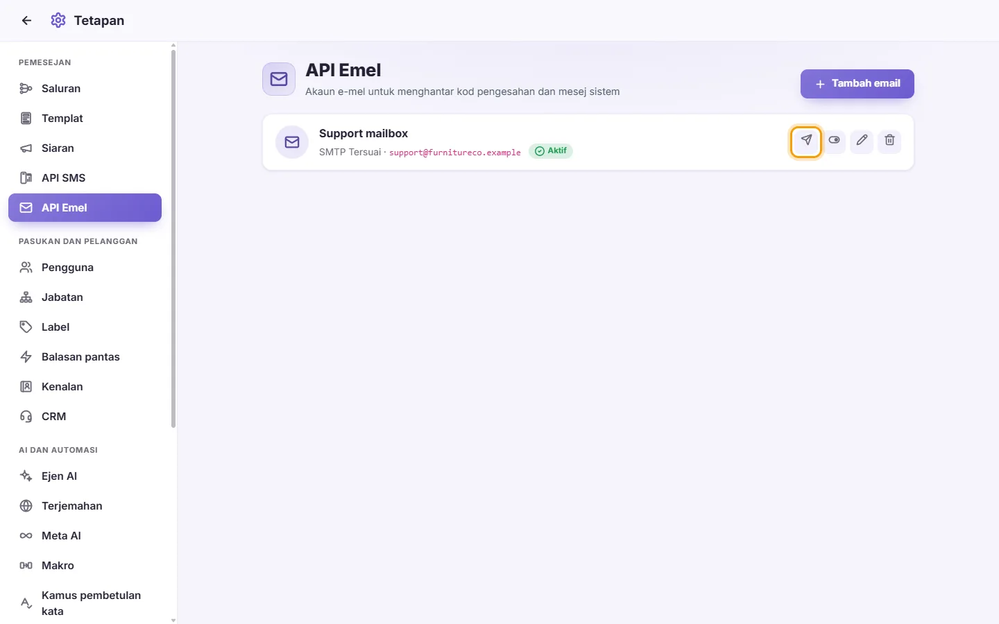 To test an email account: "Send a test email" marked on the screen in SyBox