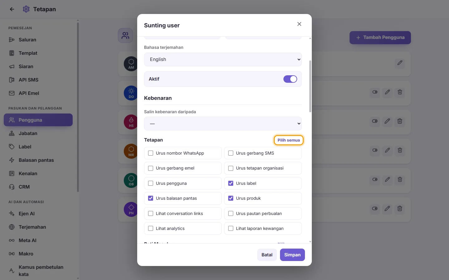 The Edit user window: the "Select all" button of the Settings permissions