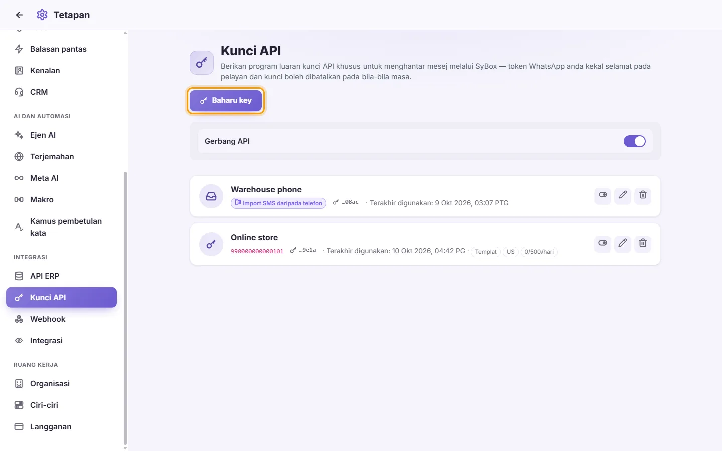 Settings, API keys: keys that let another program send through SyBox, and the "New key" button