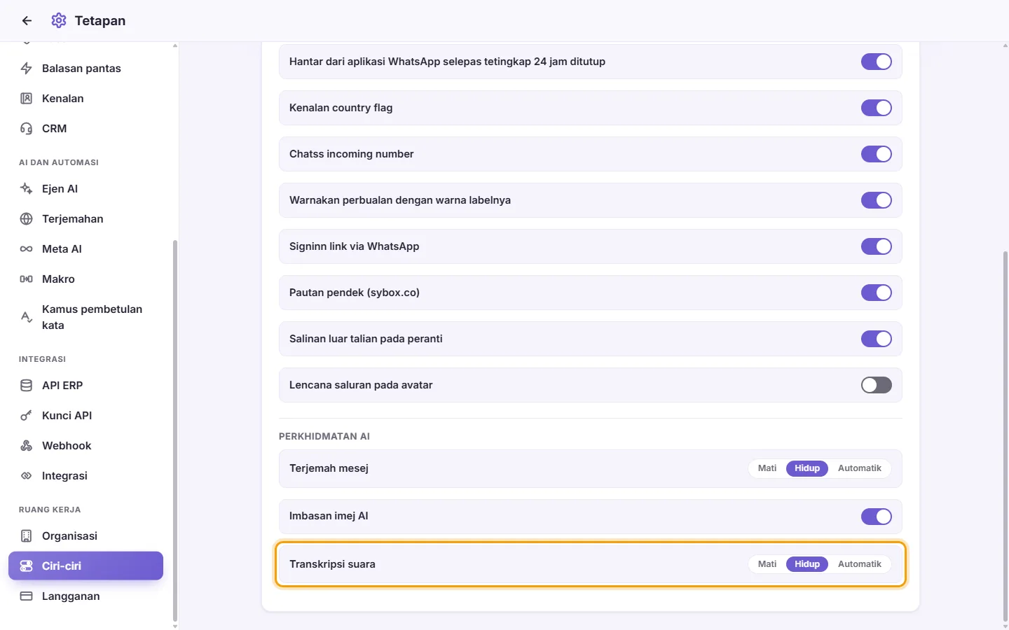 Settings, Features, AI services: "Voice transcription" with its Off, On and Auto choices