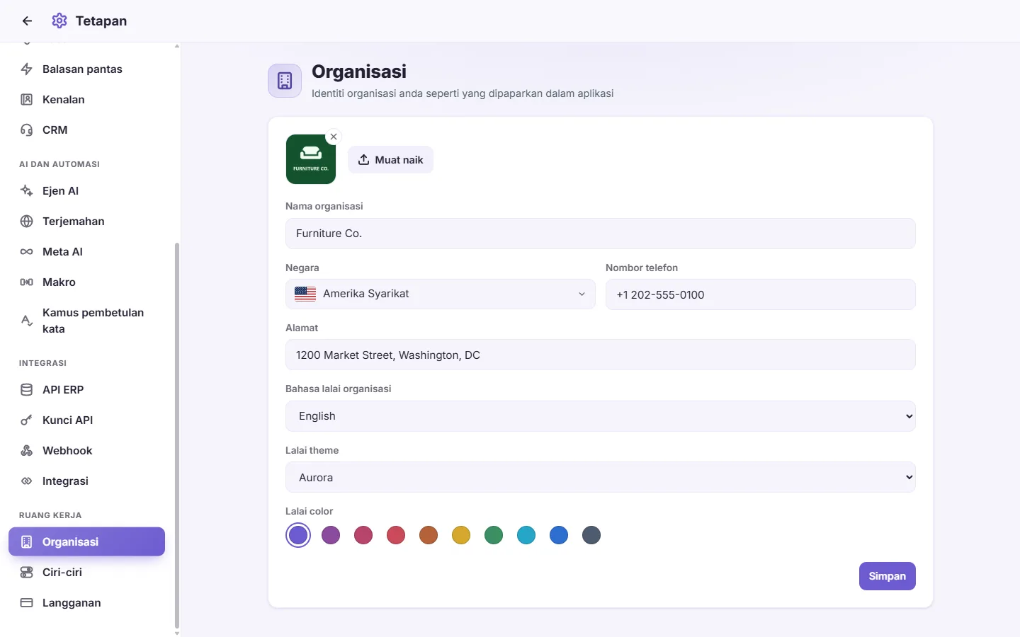 Settings, Organization: the business's name, logo, phone, address and country
