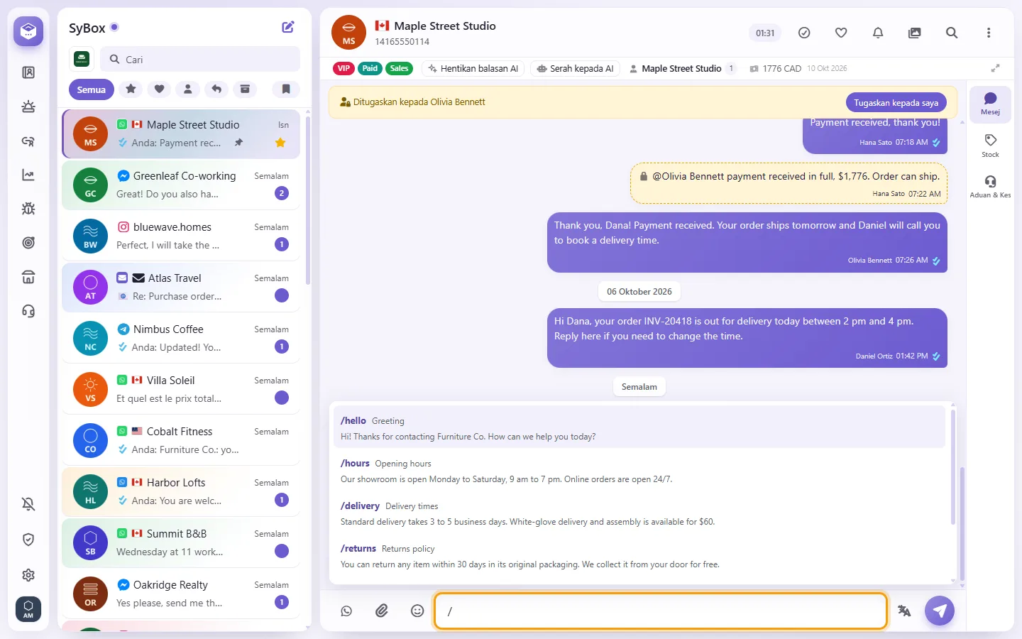 Typing a slash in the message box opens the quick replies