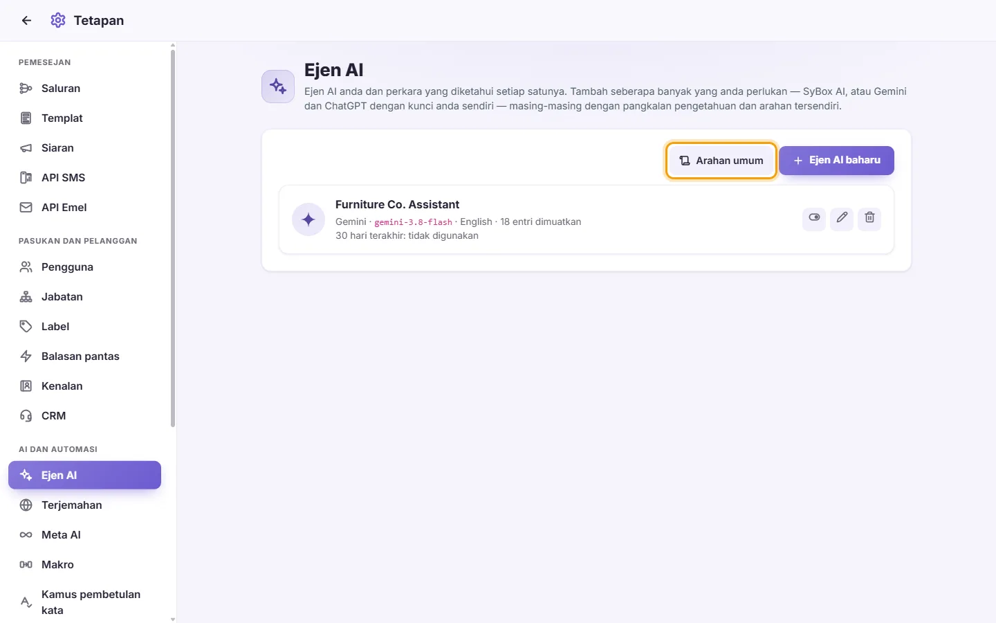 Settings, AI Agents: the "Settings" tab, where the instructions for every agent are