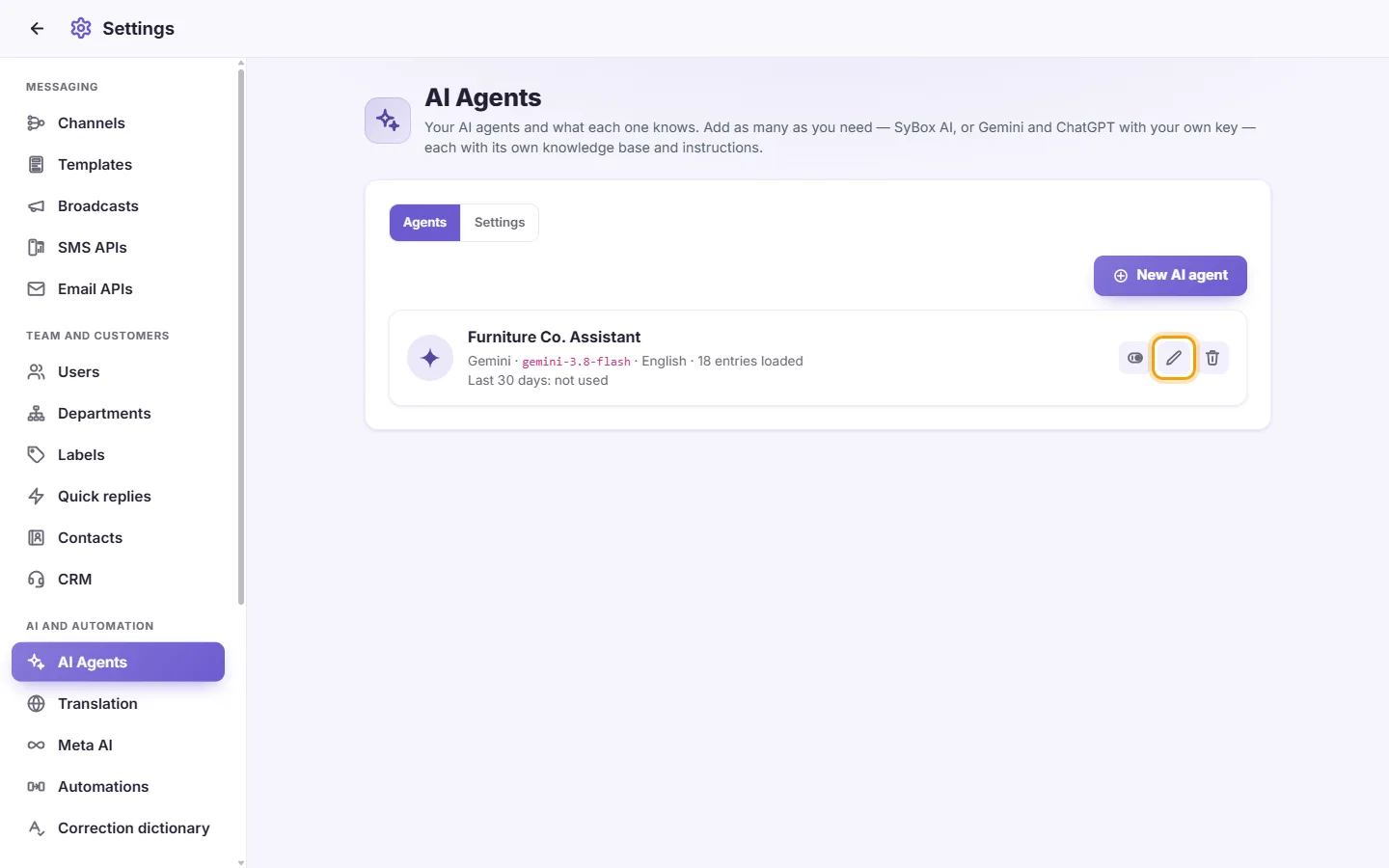 Settings, AI Agents: the pen on an agent's card opens its page