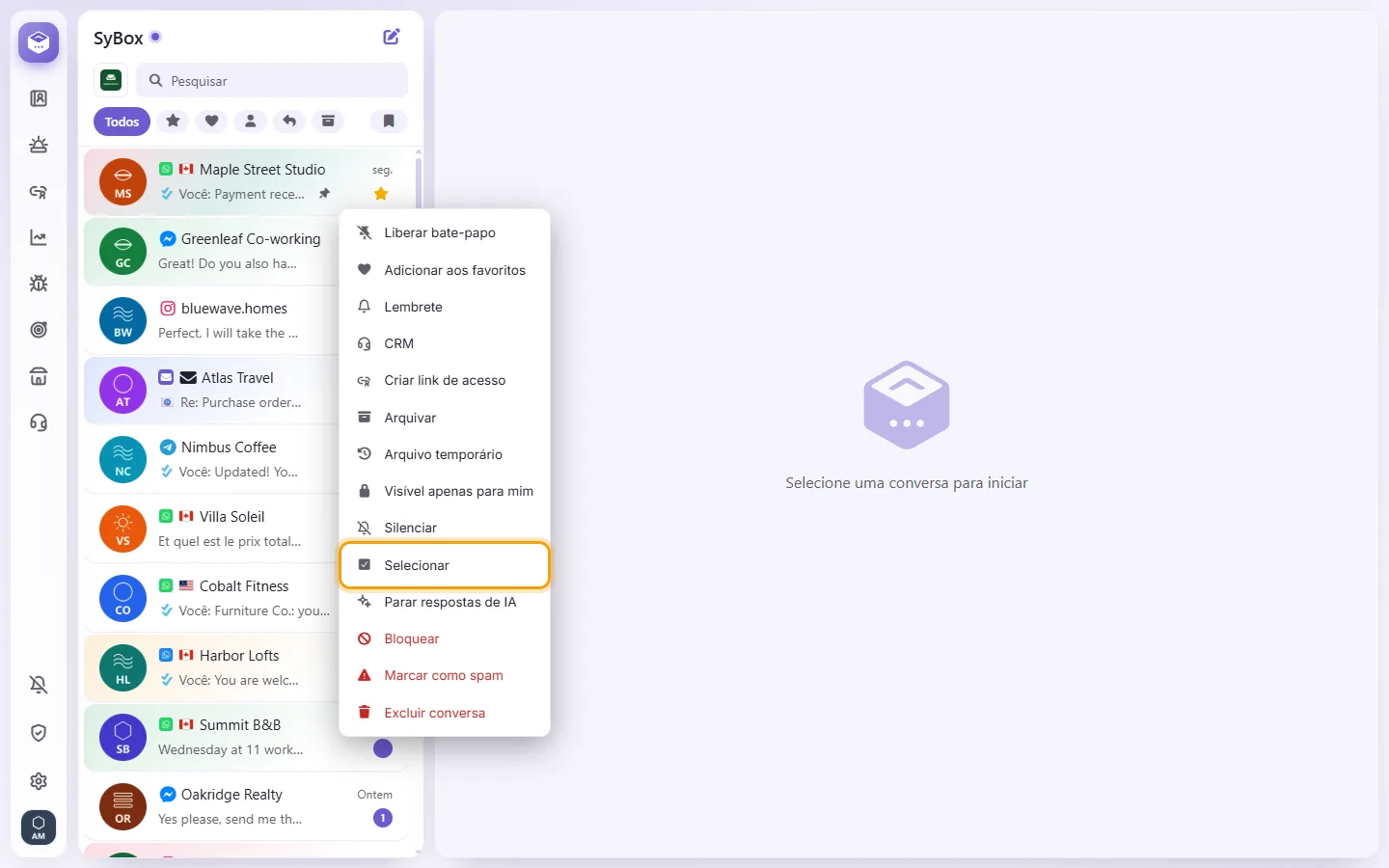 A conversation's menu in the list: "Select" starts choosing several conversations