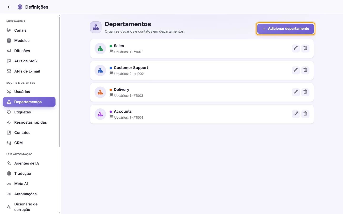 Settings, Departments: Sales, Customer Support, Delivery and Accounts, and the "Add department" button