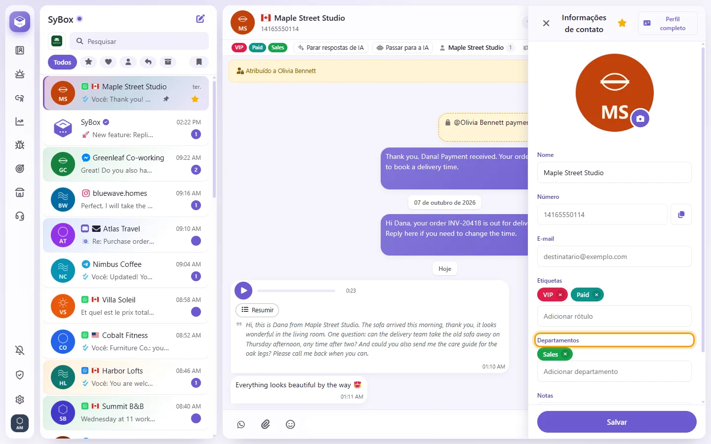 To add a department or a label to a conversation: "Departments" marked on the screen in SyBox