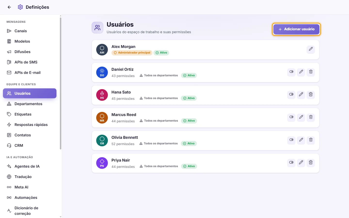 Settings, Users: the team with their departments, and the "Add user" button