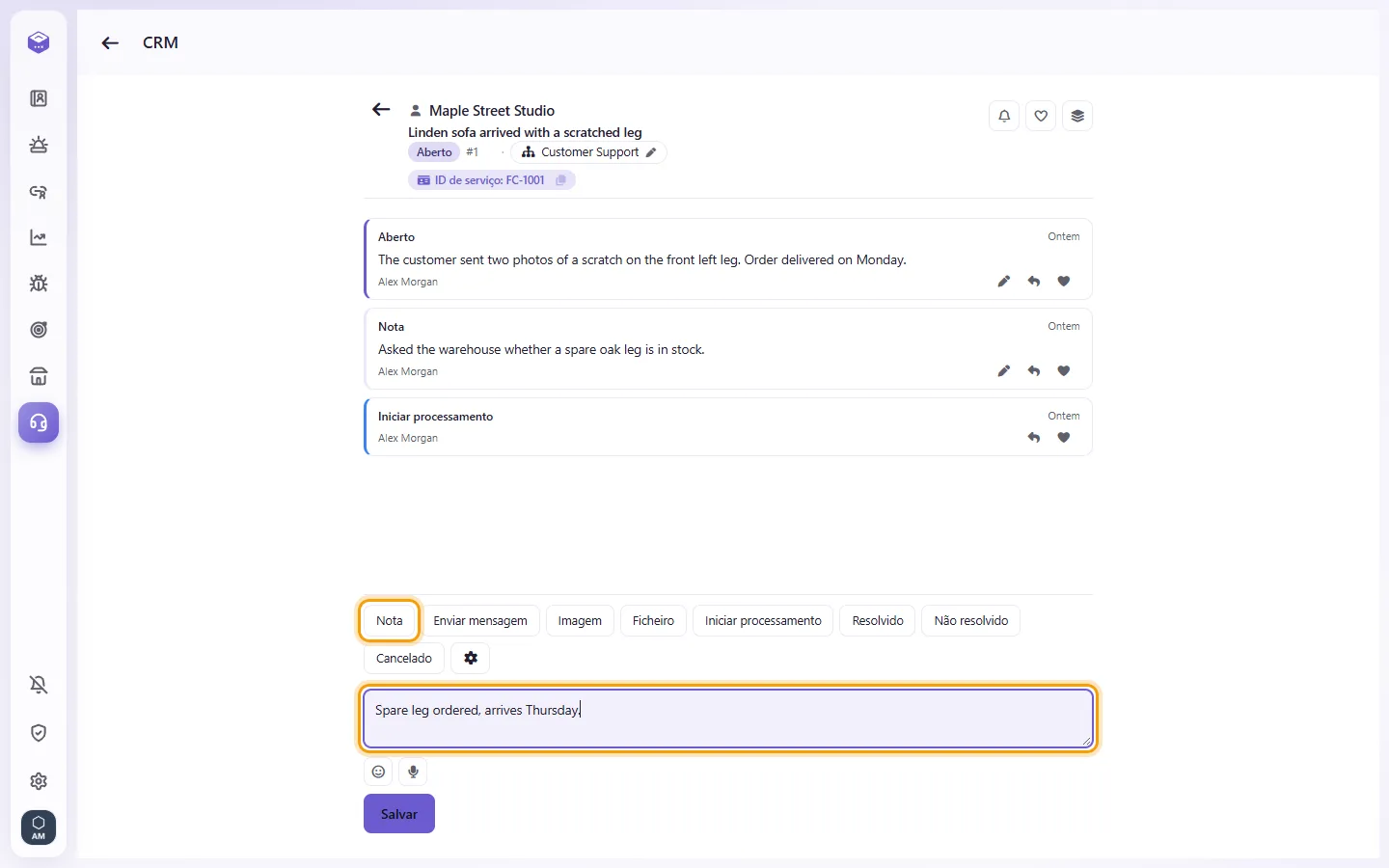 An open case: "Note" and the Description box, then Save