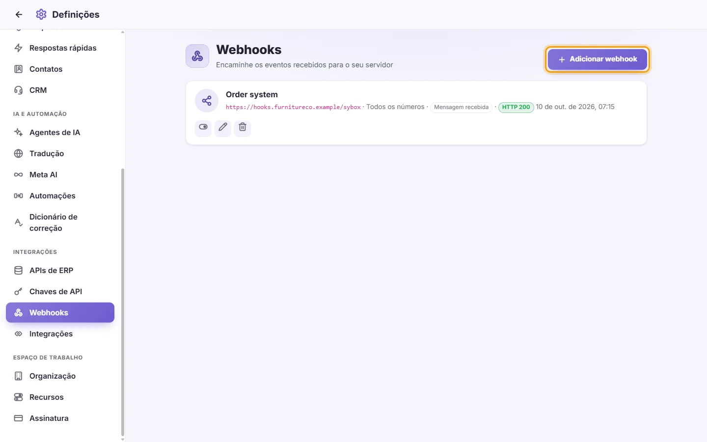Settings, Webhooks: an active webhook with its last result, and the "Add webhook" button