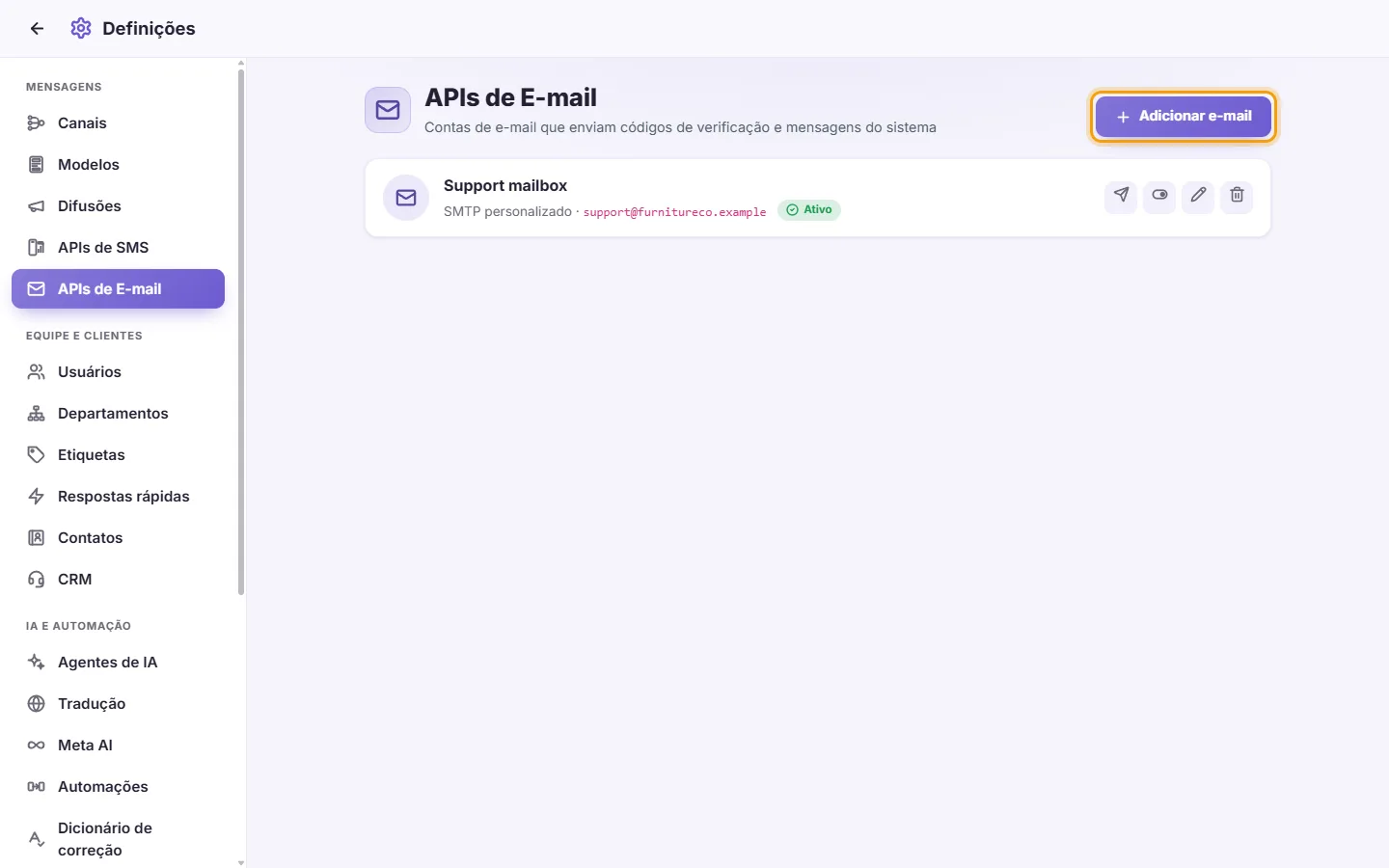 Settings, Email APIs: a connected mailbox and the "Add email" button
