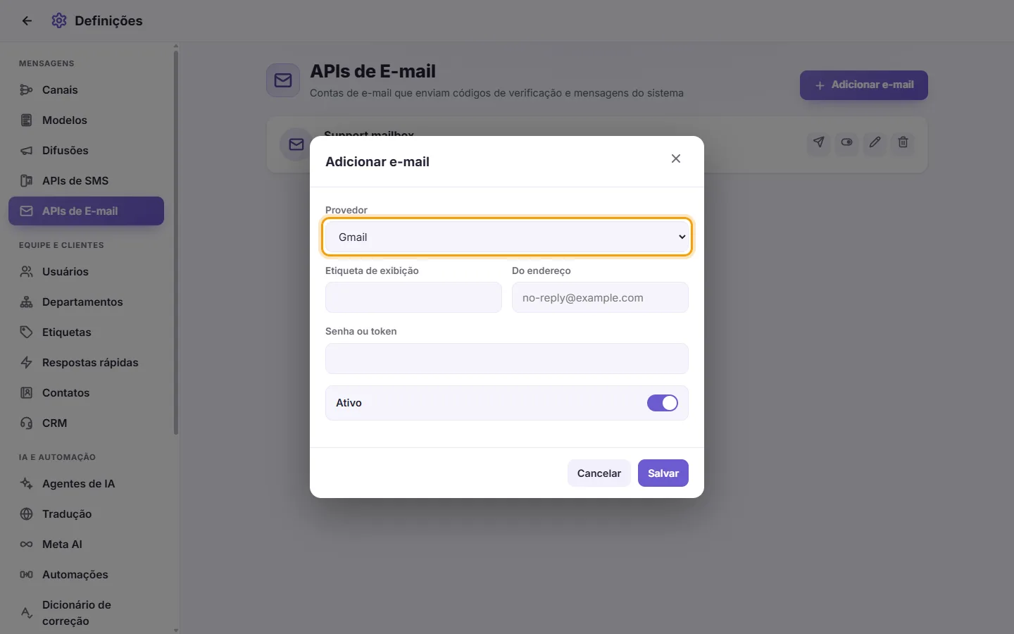 The new email account window: pick the provider first, then the address (and the server, for a custom provider)