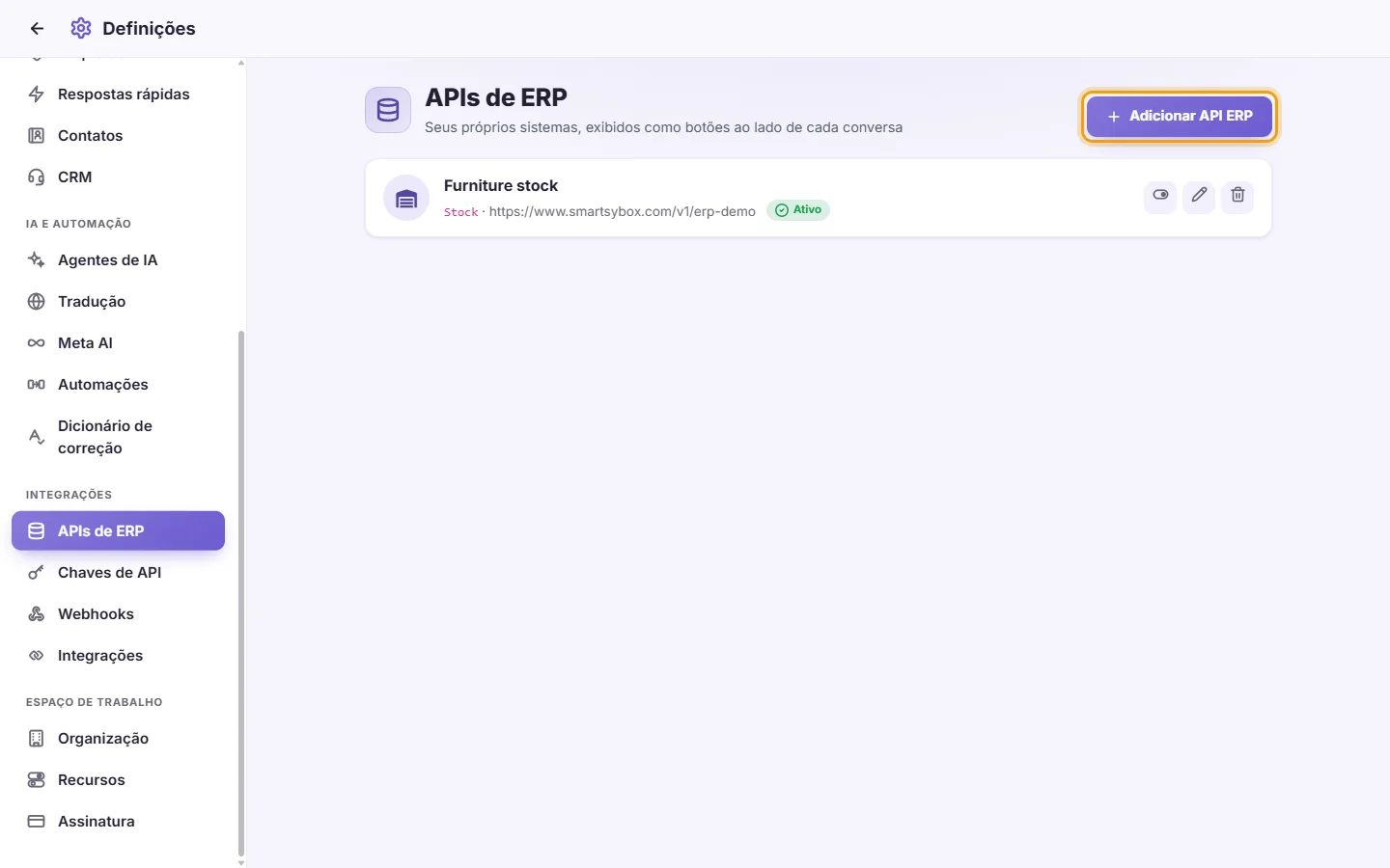 Settings, ERP APIs: a connected stock system that shows as a button in conversations